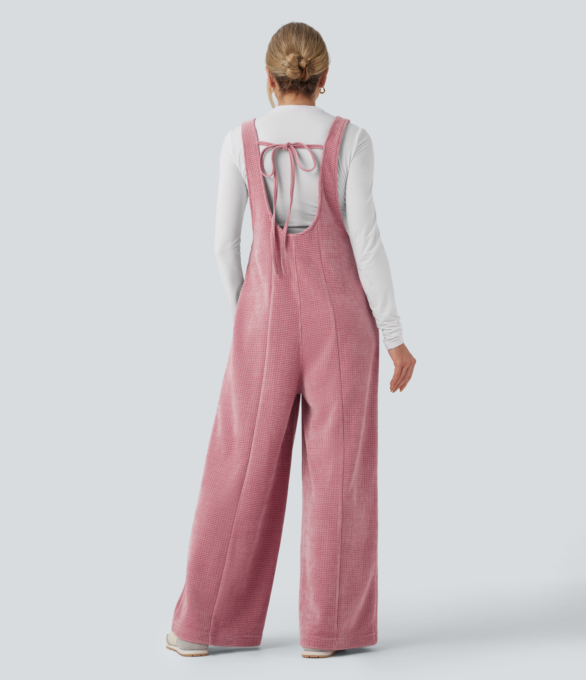 Rose Elegance Jumpsuit casual de chenilla con lazo en la espalda y bolsillos / 2