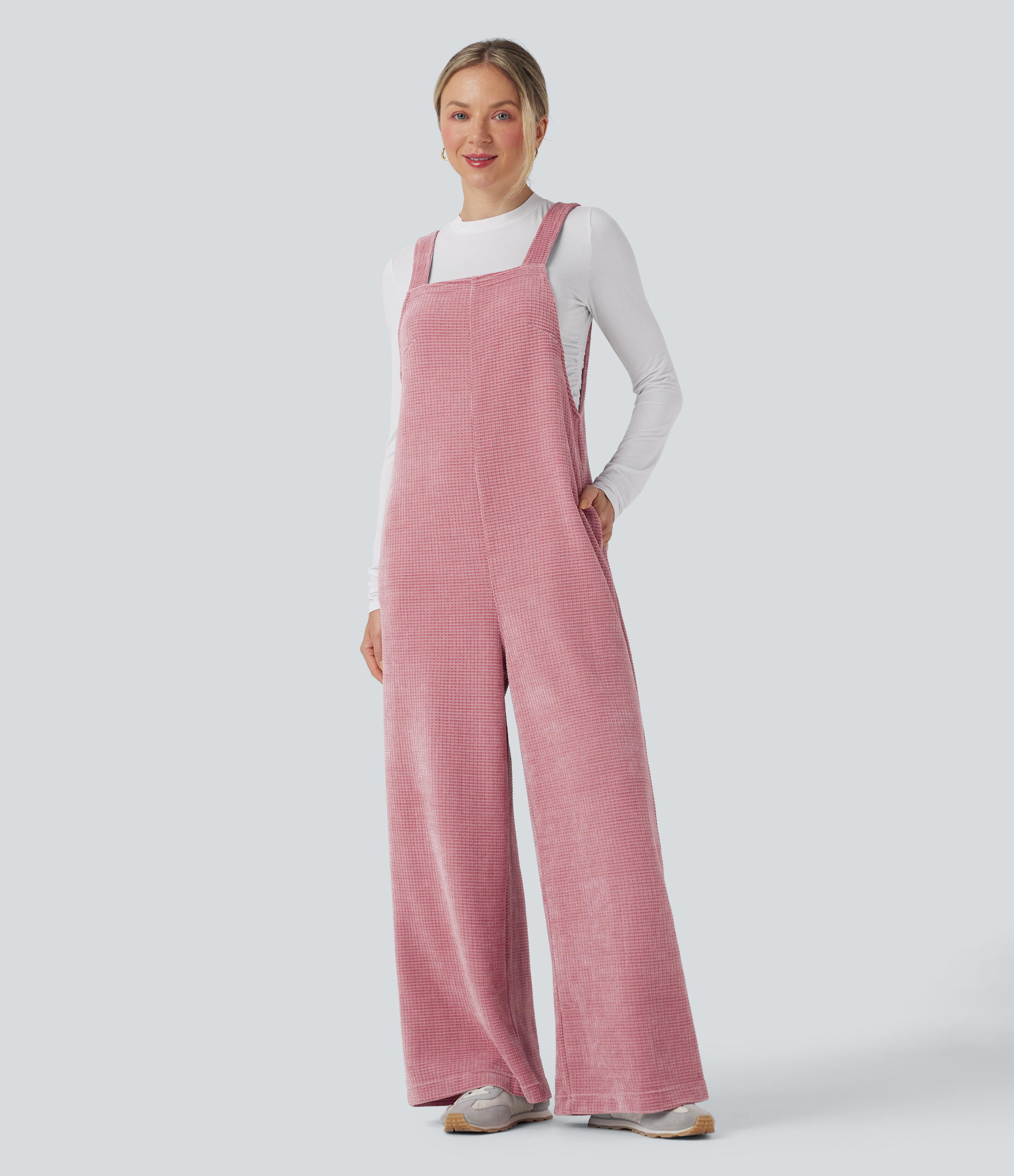 Rose Elegance Tie Back Chenille Waffle Casual Dungarees with Pockets / 2