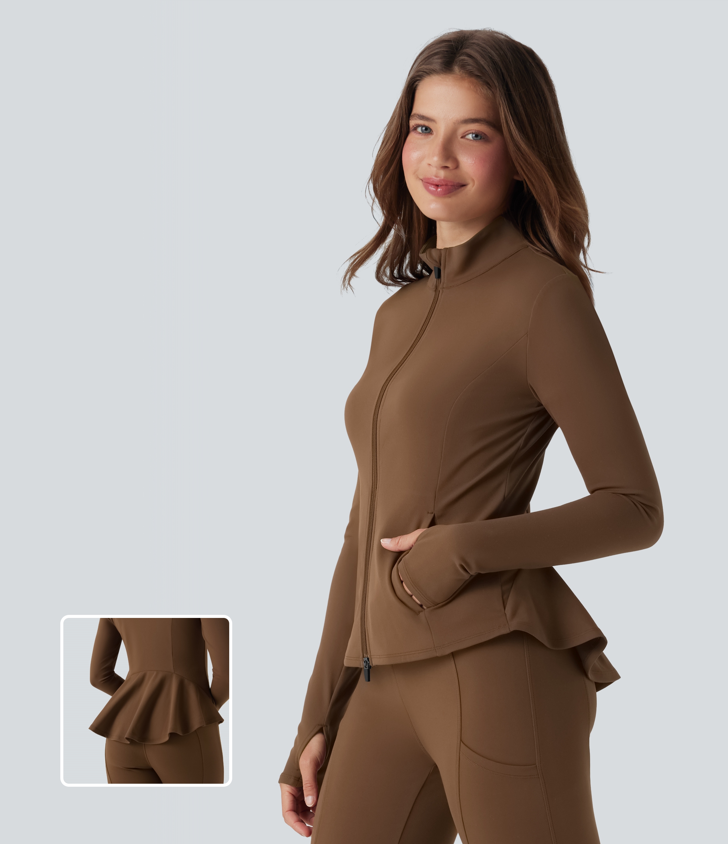 DayStretch - Slim-Jacke mit Stehkragen, Reißverschluss, Seitentaschen, Daumenlöchern und Rüschensaum