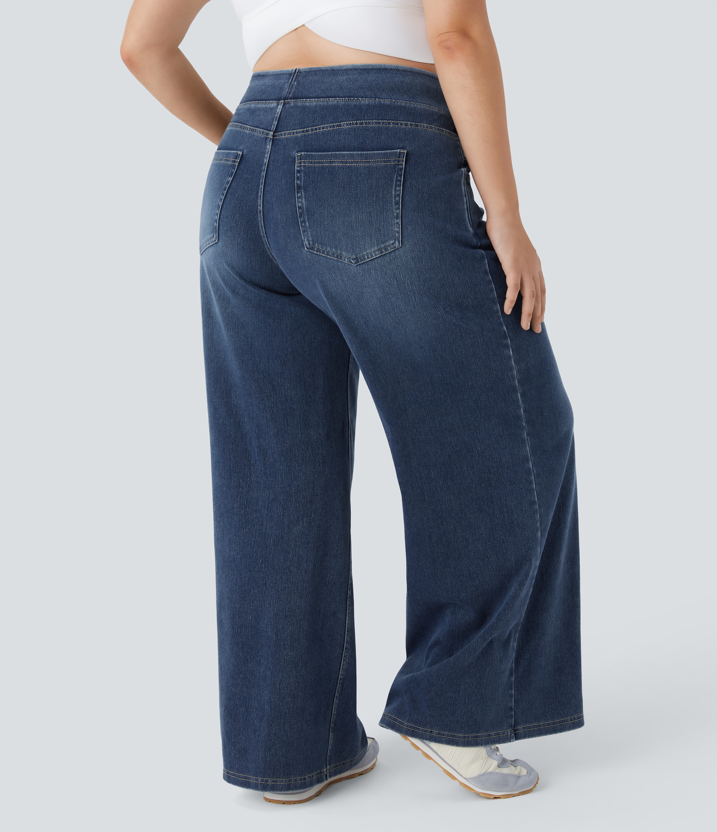 Frost Blue Denim Halara Flex™ High Waisted Pockets Baggy Wide Leg Washed Women Casual Plus Size Denim Jeans / 2