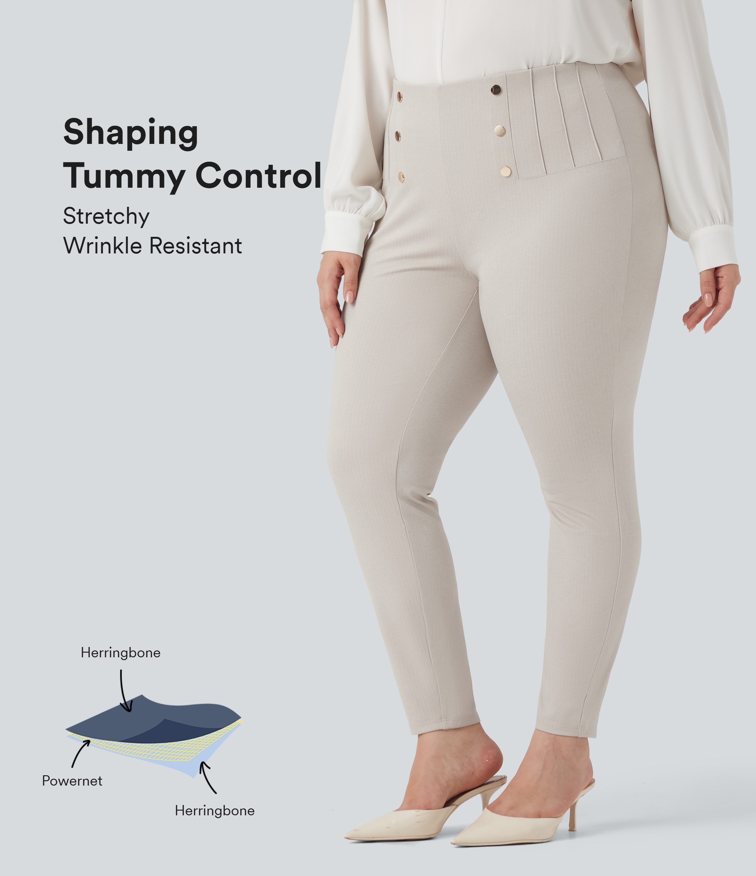Arbeits-Leggings mit hohem Bund, Seitentaschen, Bauchkontrolle und Fischgrätenmuster - Plus-Size
