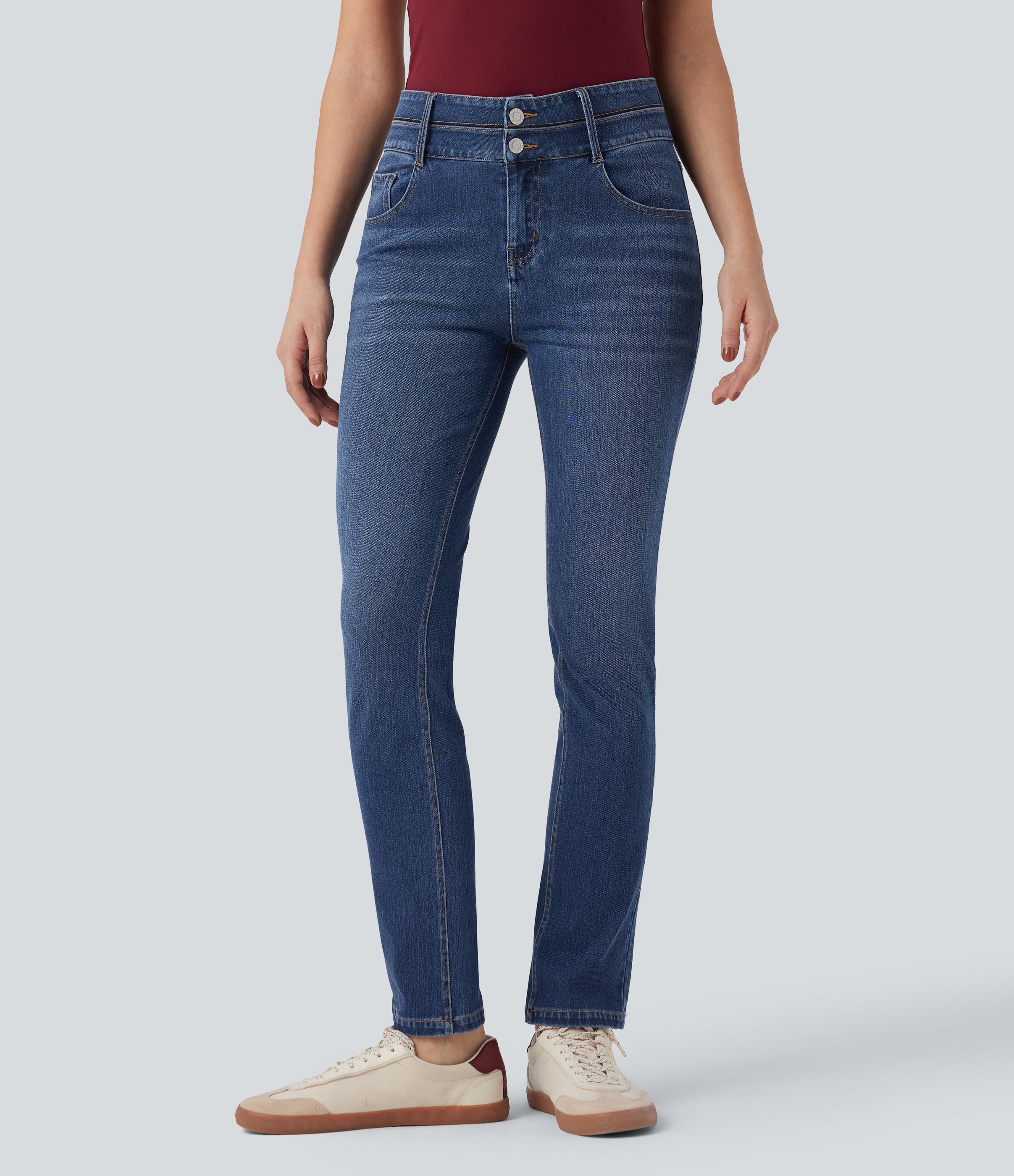 Halara Flex™ Mid Rise Double Waistband Casual Slim Jeans with Pockets