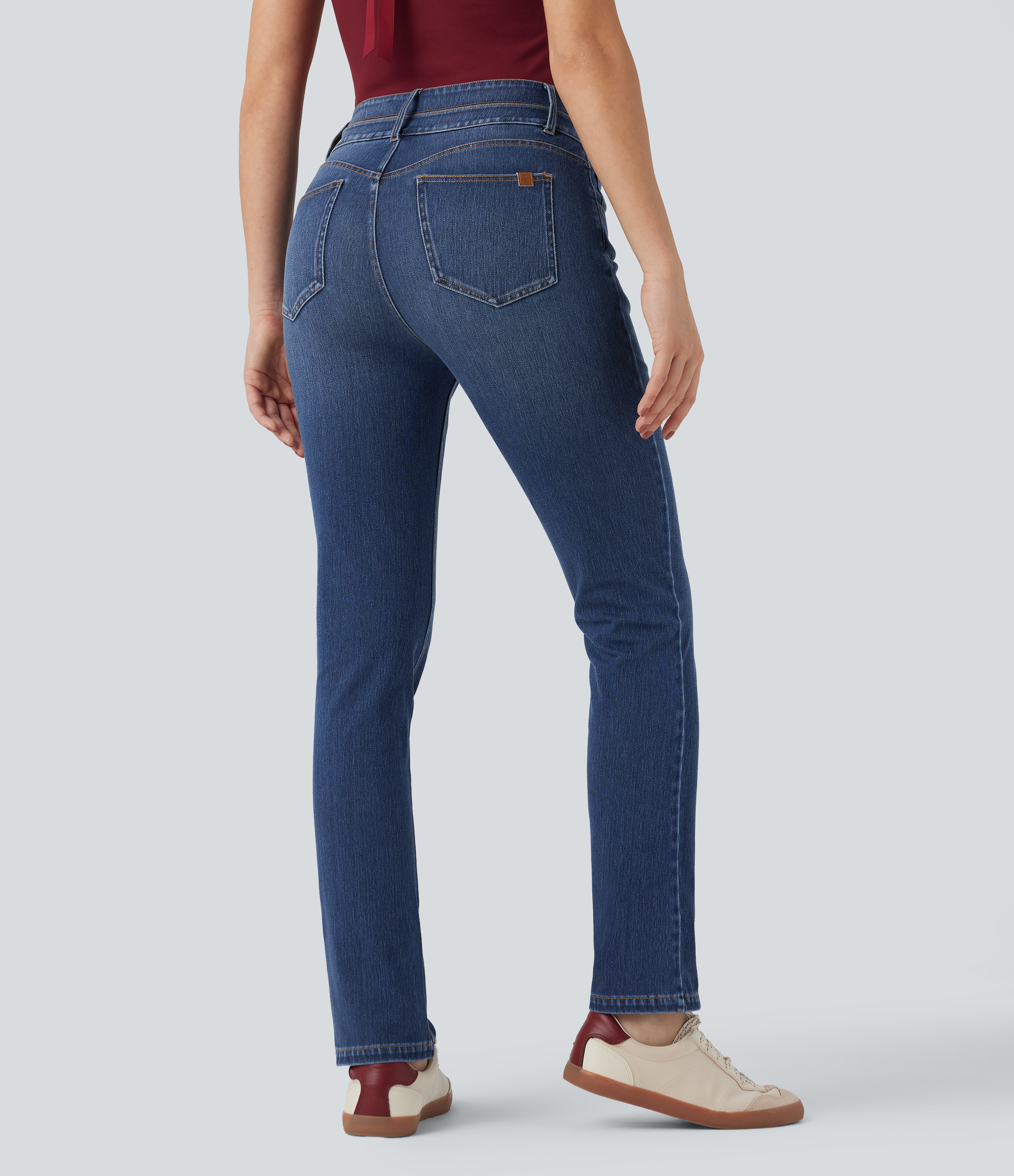 Estate Blue Denim Jeans ajustados casuales Halara Flex™ de tiro medio con cintura doble y bolsillos / 2