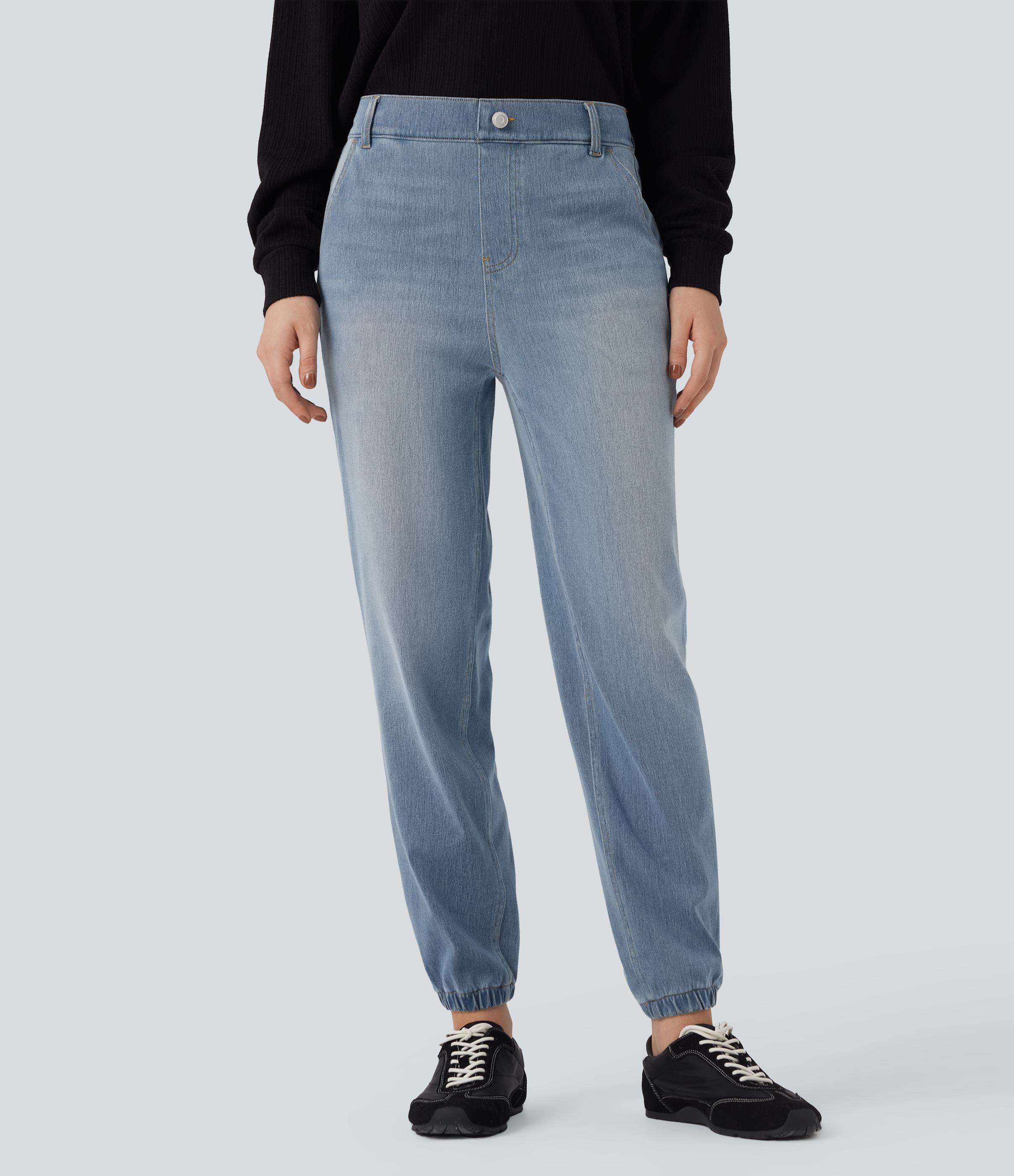 Blue Jasper Denim Halara Flex™ Mid Rise Tapered Washed Denim Casual Joggers with Pockets / 1