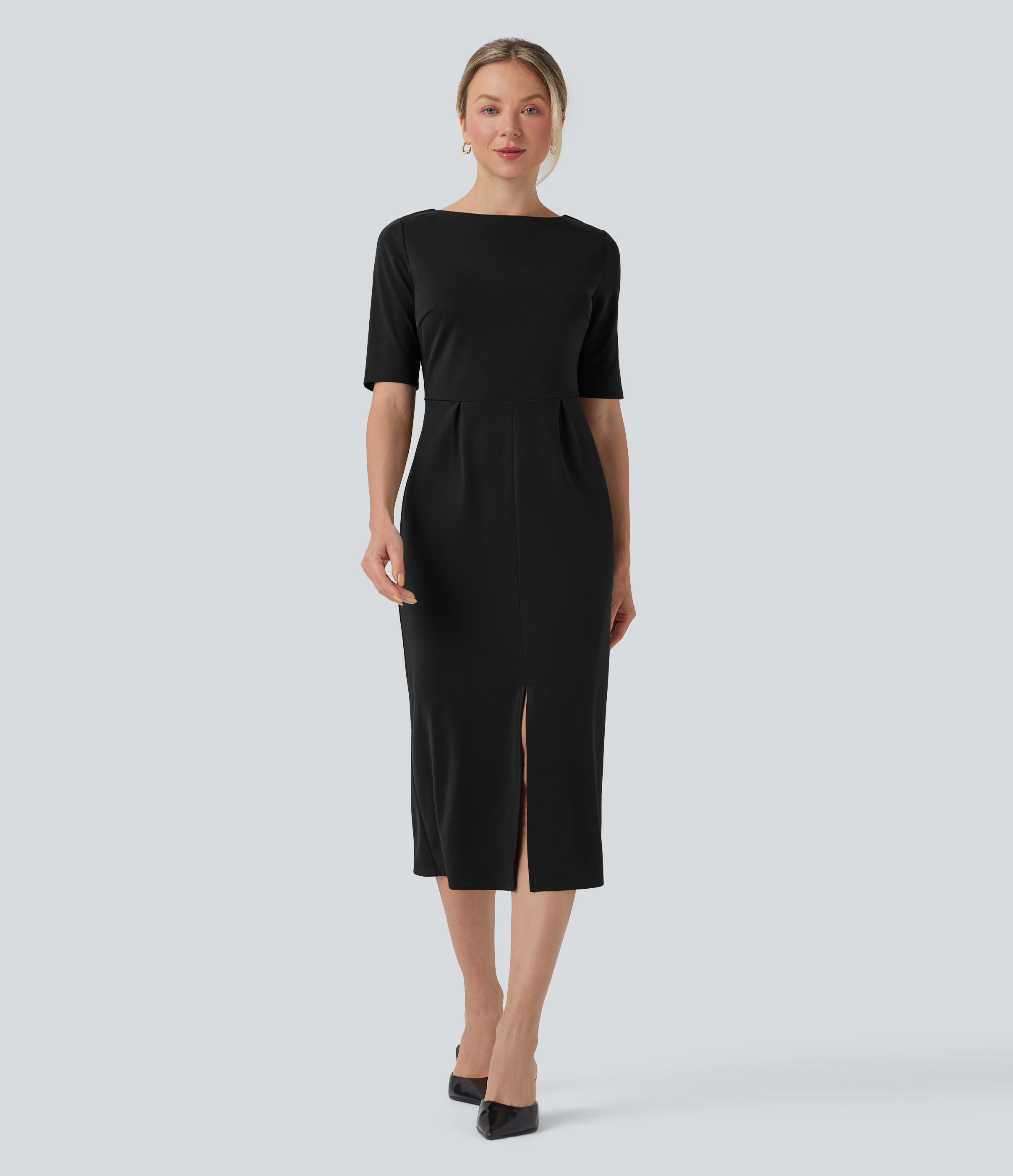 Black Rounded Neckline Short Sleeve Split Work Dress / 2
