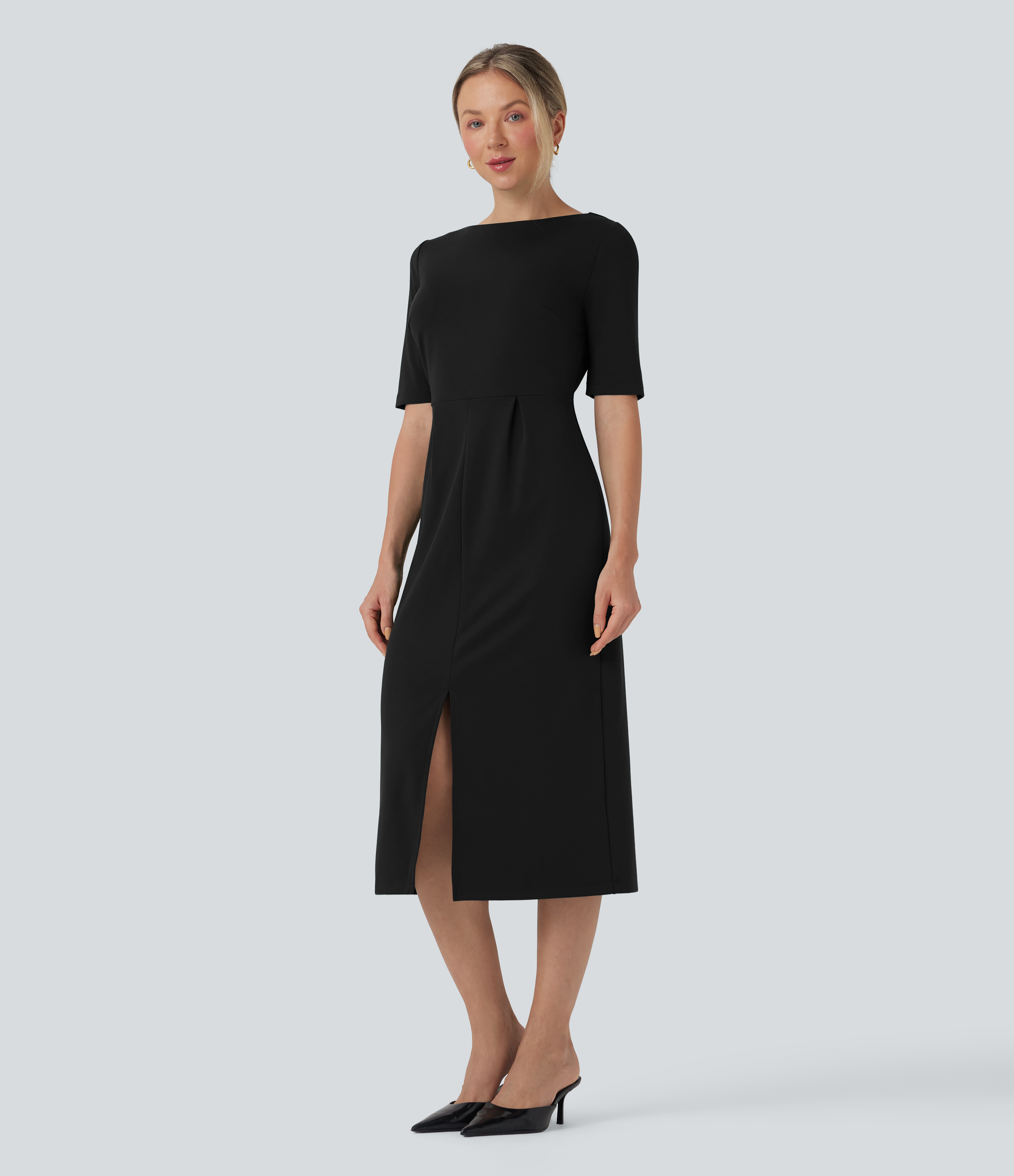 Black Rounded Neckline Short Sleeve Split Work Dress / 1