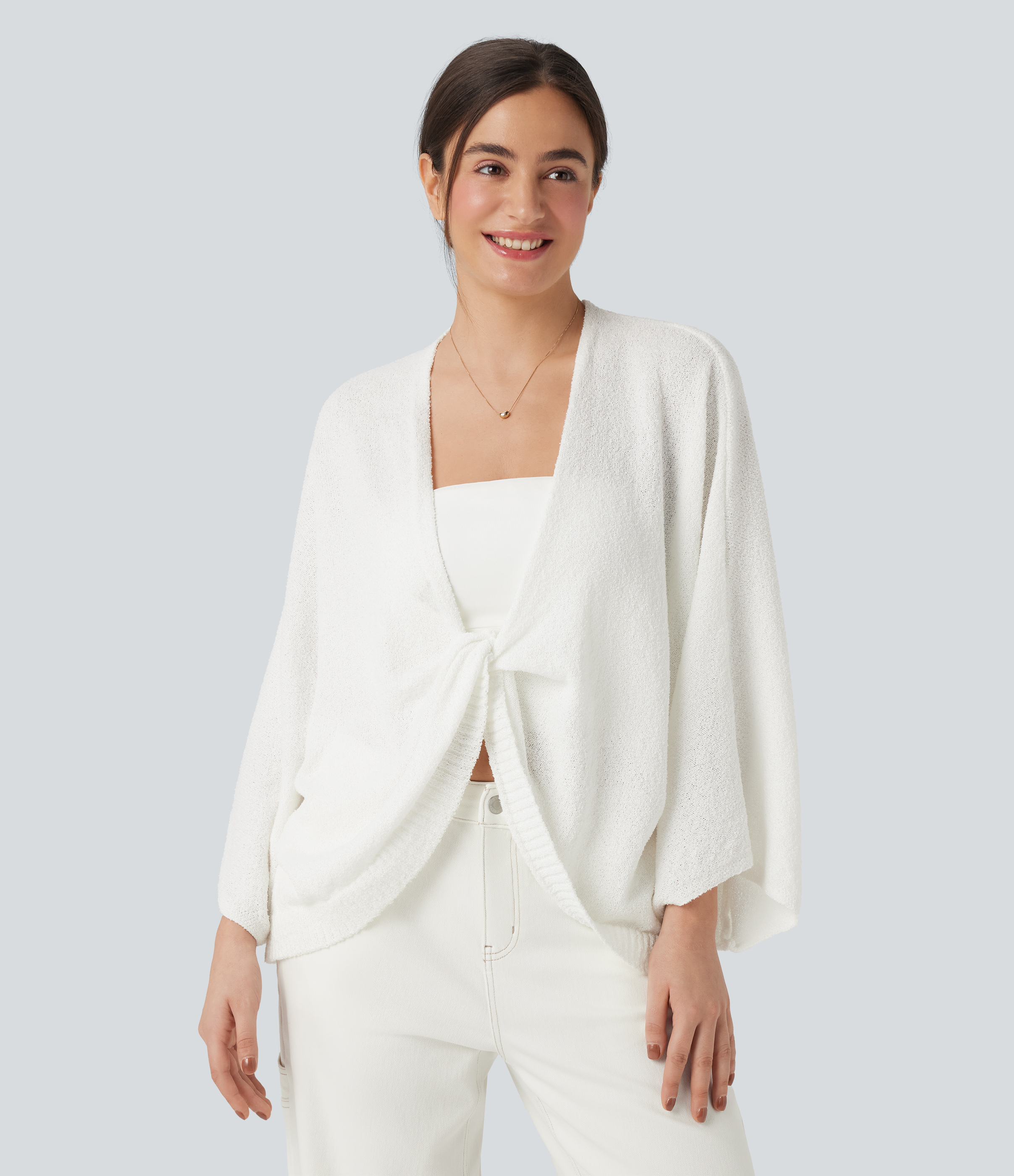 White Deep V-neck Batwing Sleeve Relaxed Fit Casual Cardigan / 2