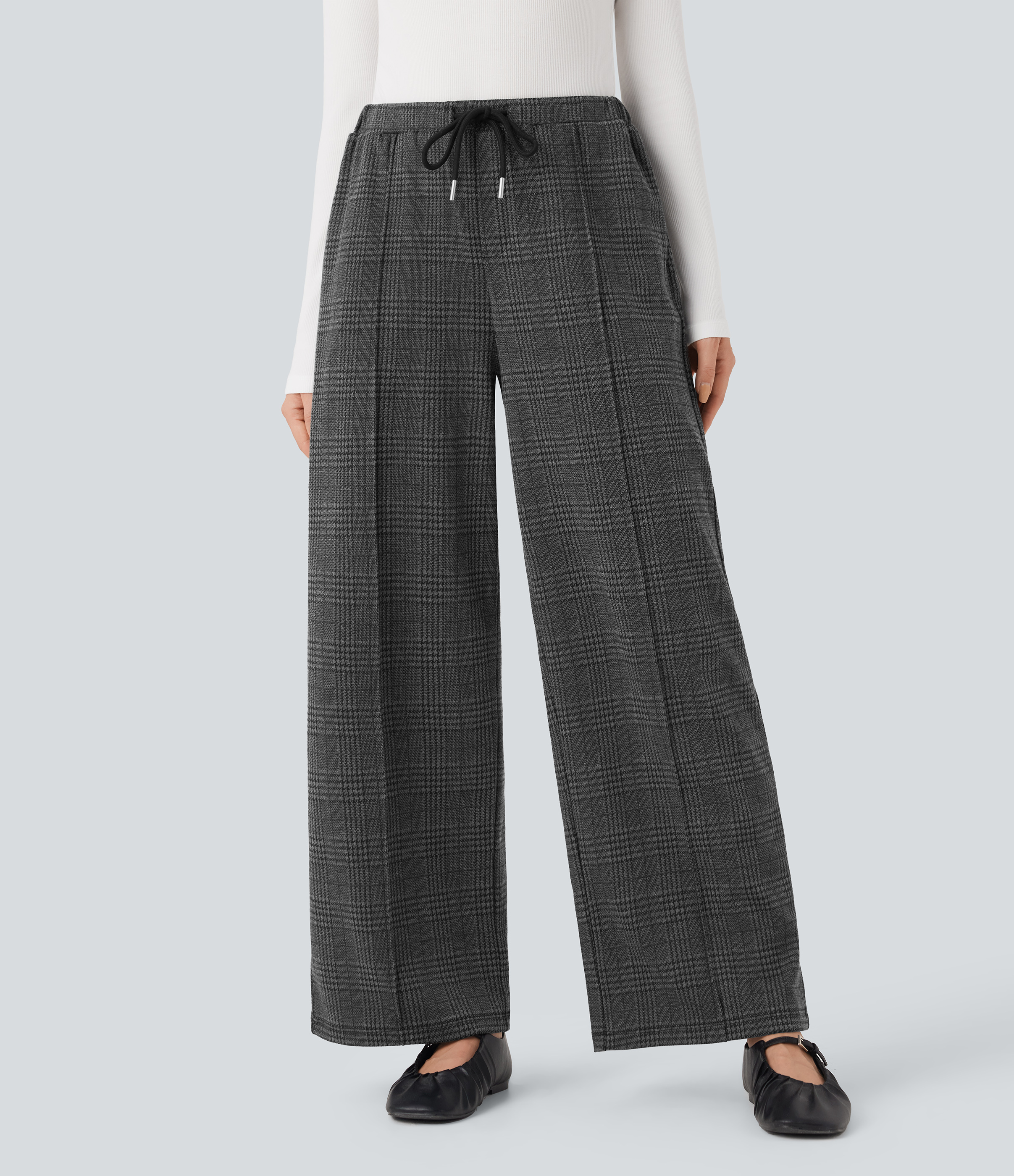 Halara Flex™ - Karierte Stoffhose mit mittelhohem Bund, Seitentaschen, Kordelzug und geradem Bein