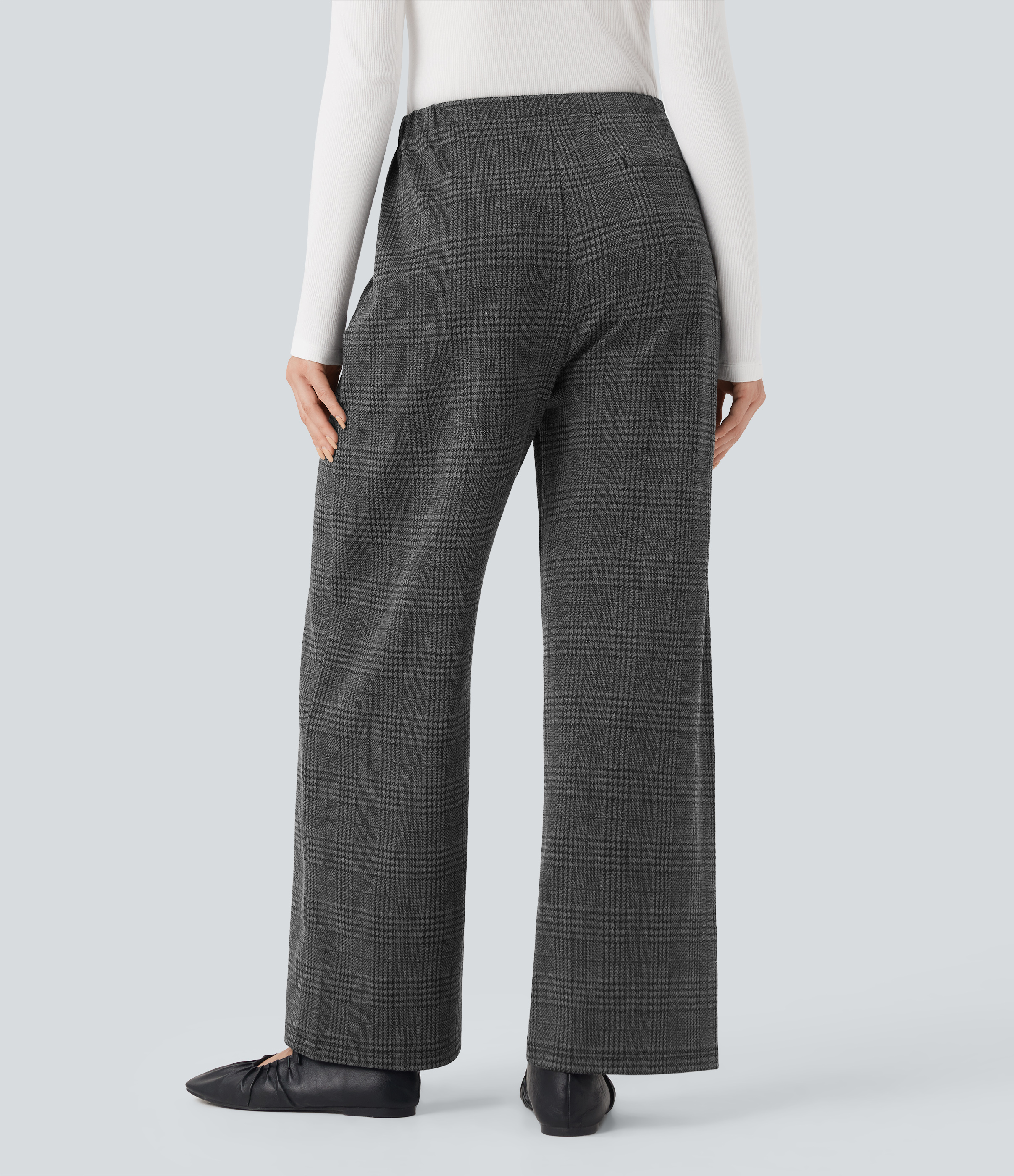 Charcoal Black Houndstooth Plaid Pantalones de oficina rectos Halara Flex™ de tiro medio con cordón a cuadros y bolsillos / 2
