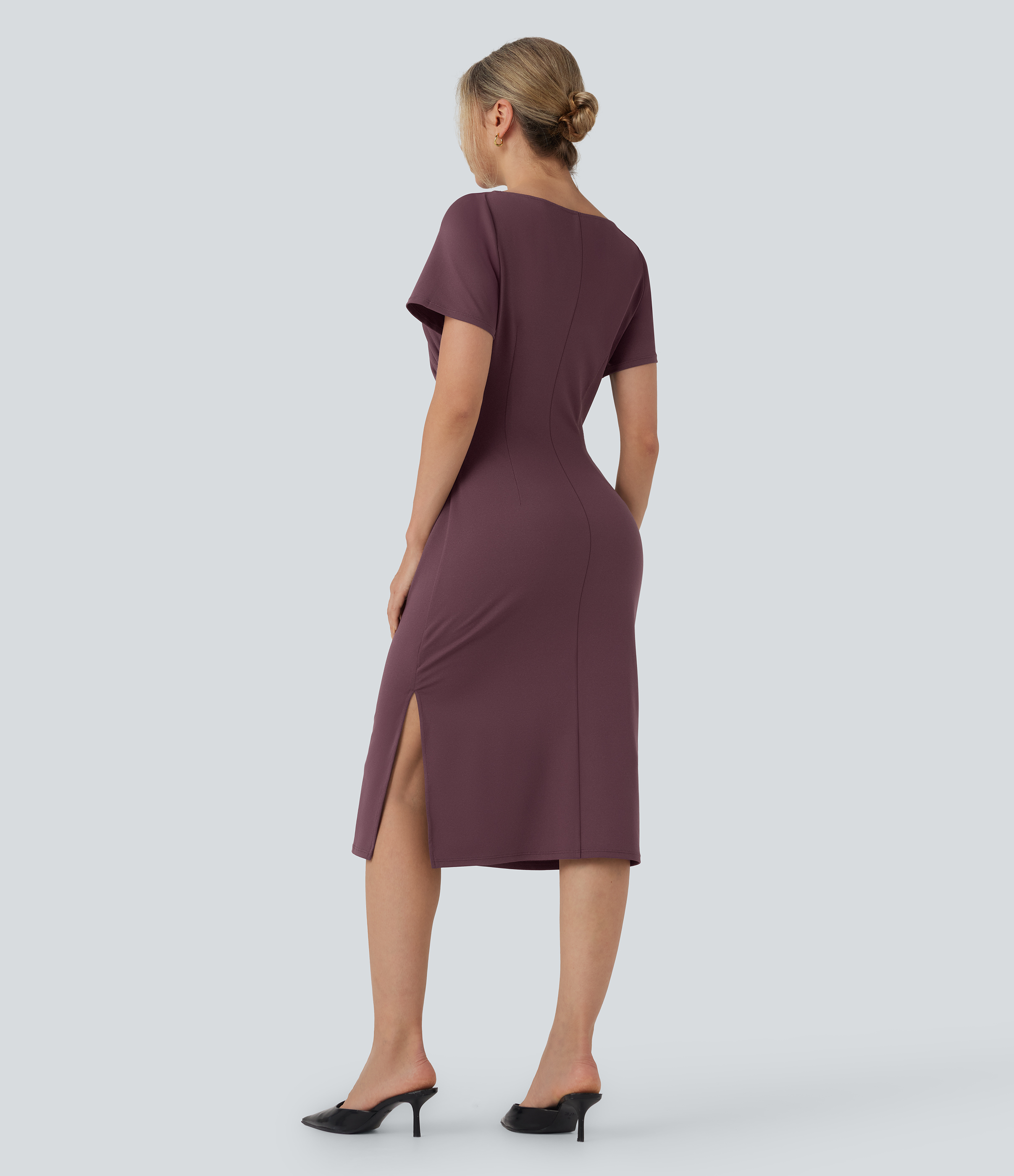 Plum Wine Kurzärmeliges gerafftes Bodycon-Midikleid fürs Büro / 2