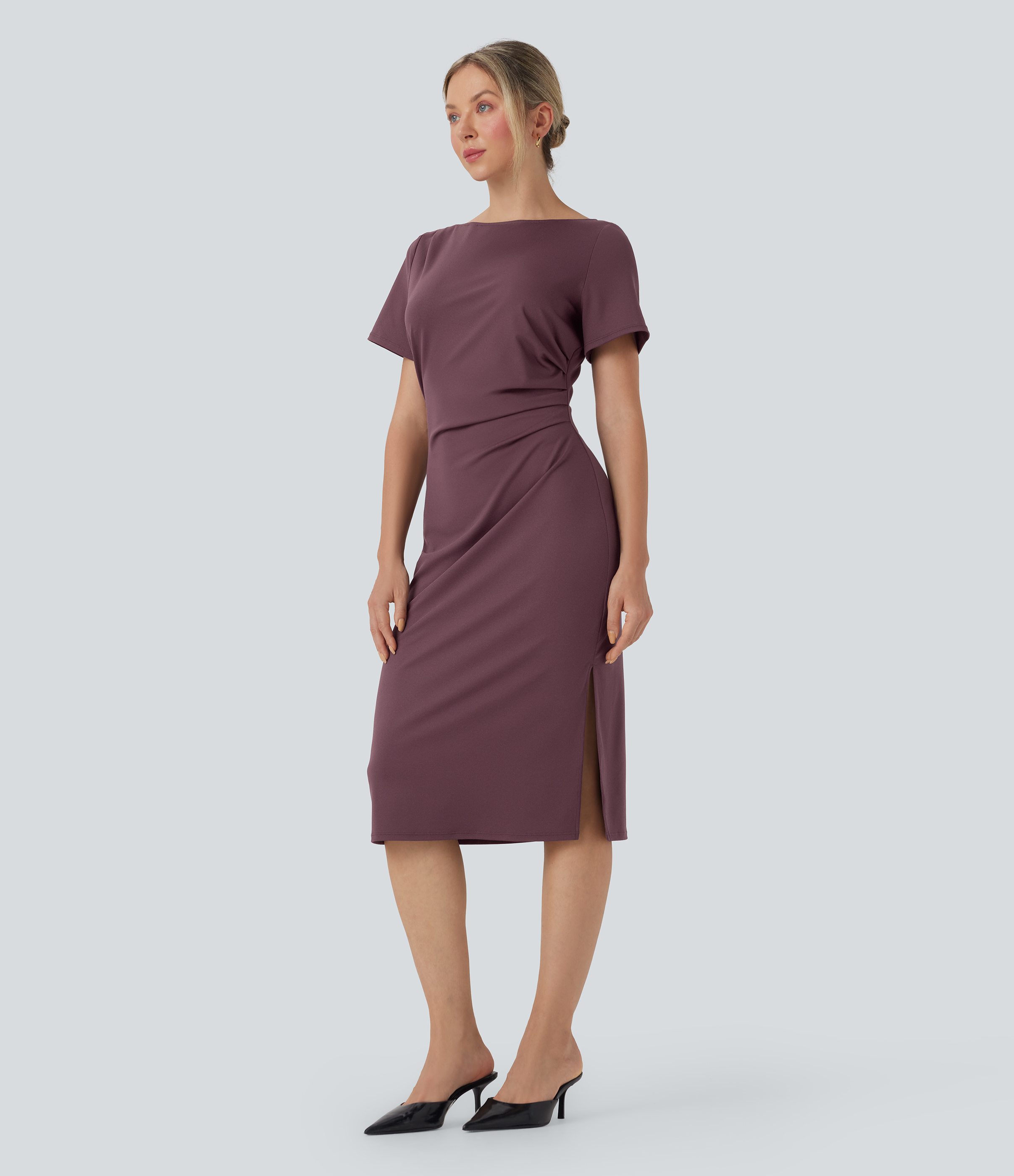Short Sleeve Ruched Bodycon Women Long Midi Work Dress