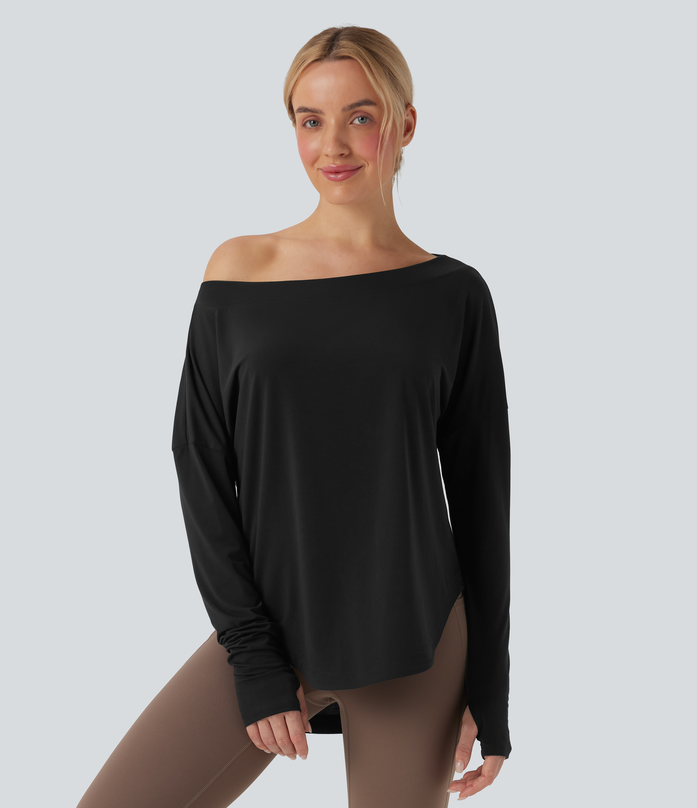 One Shoulder Long Sleeve Thumb Hole Curved Hem High Low Quick Dry Yoga Sports Top