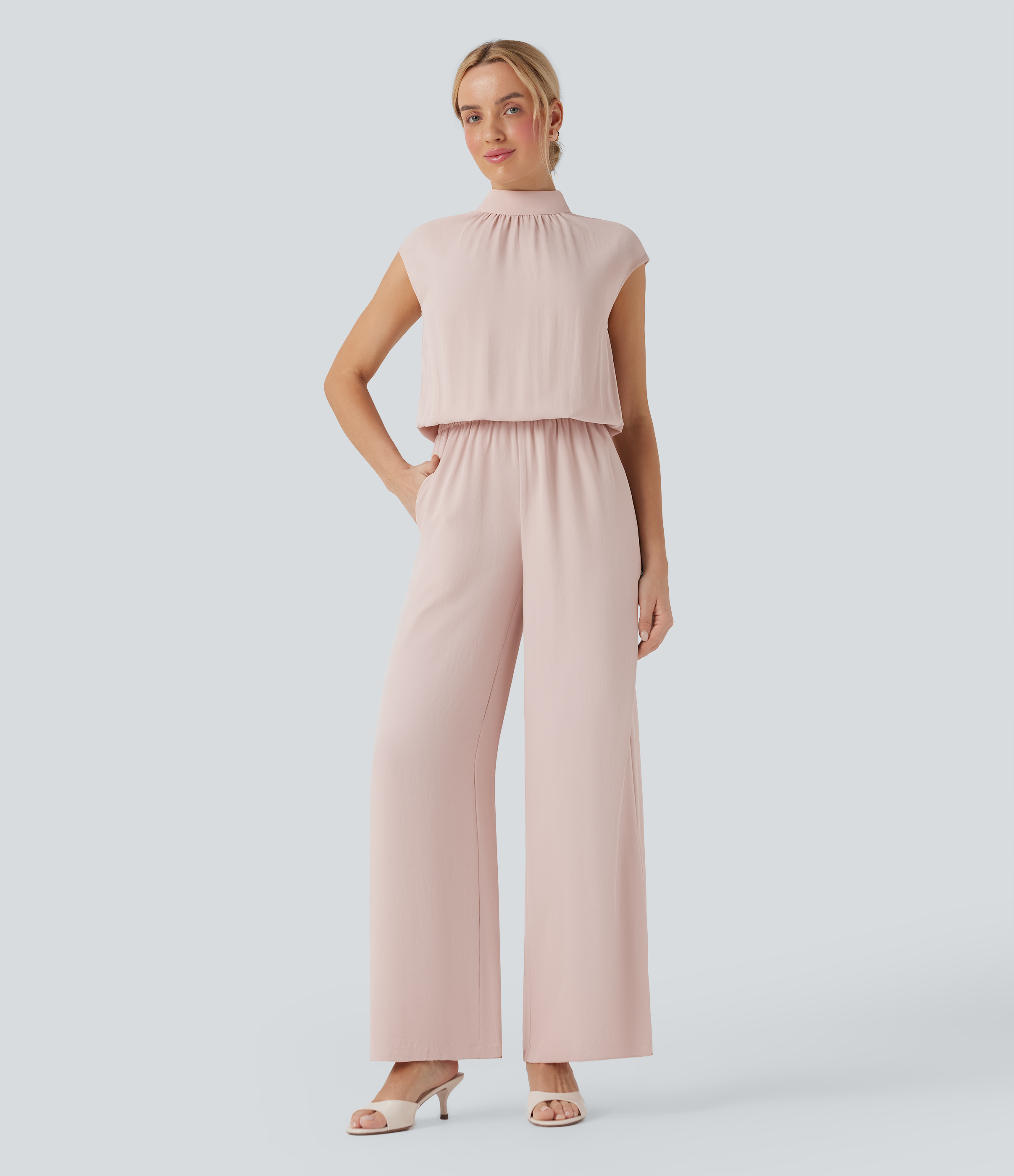 Women's Mock Neck Keyhole Back Cap Sleeve Wide Leg Work Jumpsuit