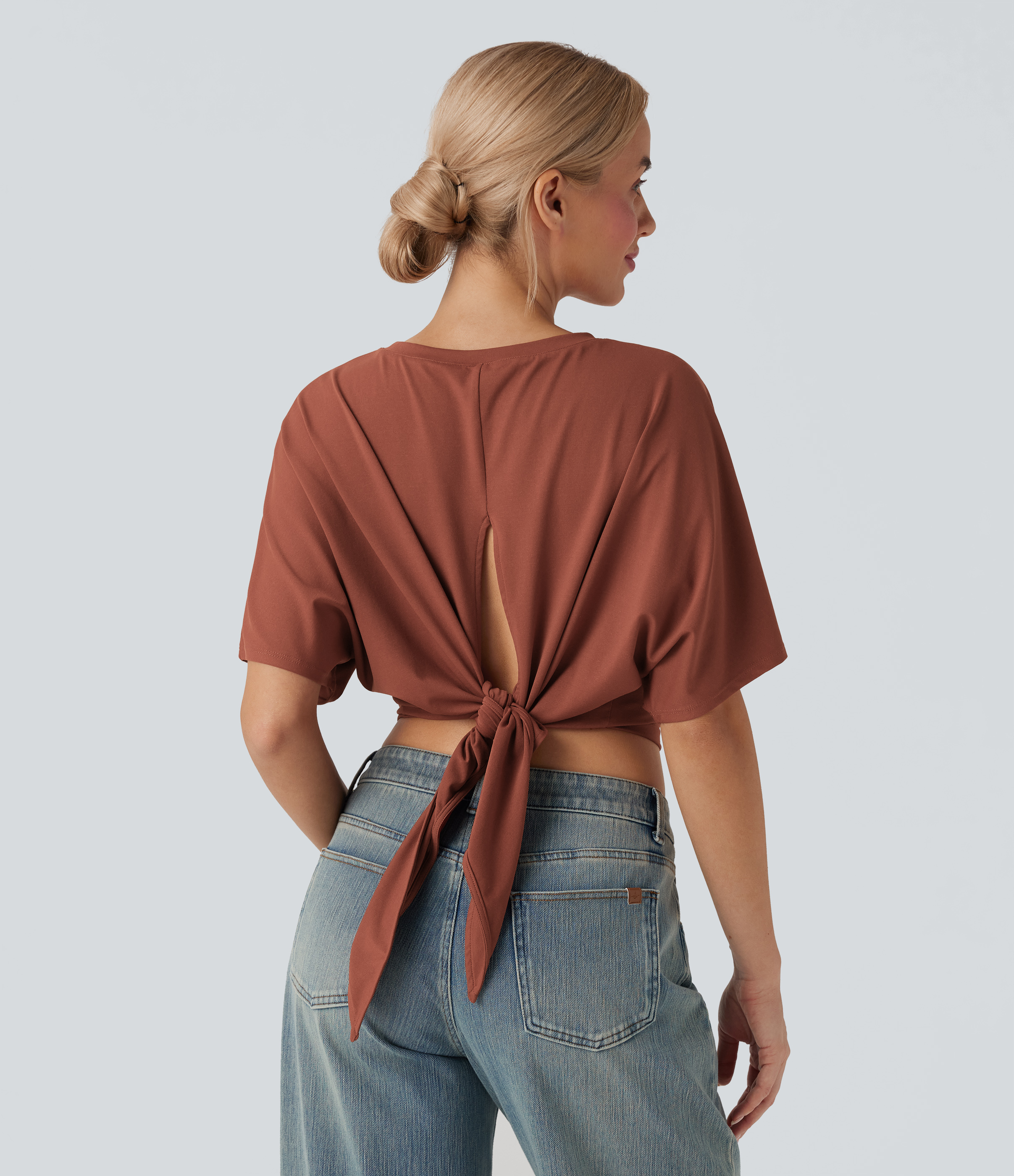 Round Neck Short Sleeve Split Tie Back Cropped Capri Casual Top