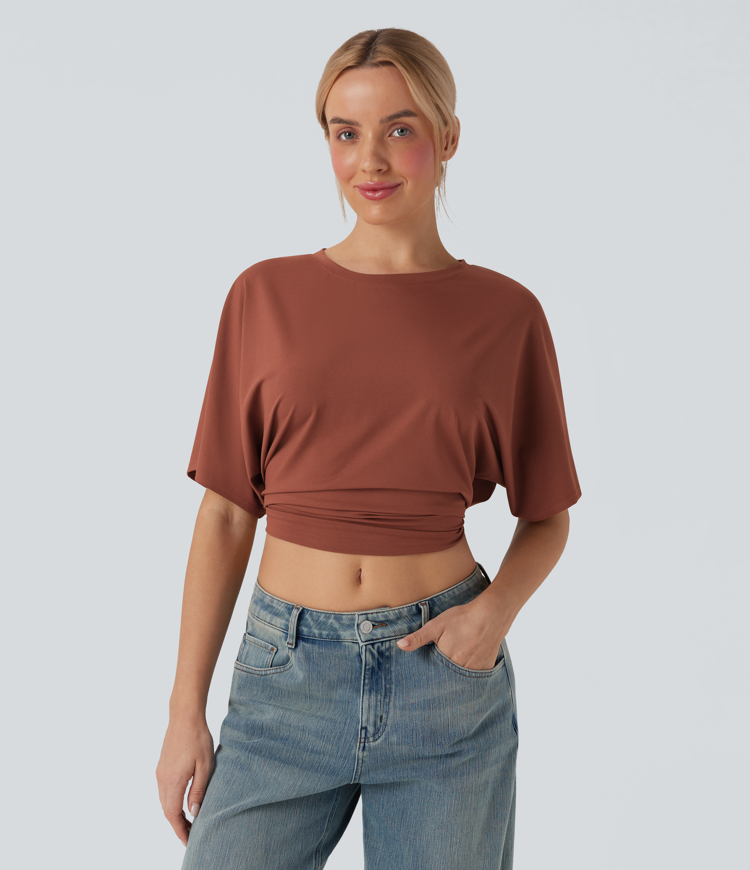 Maple Syrup Top casual de manga corta con cuello redondo y abertura con lazo en la espalda / 2