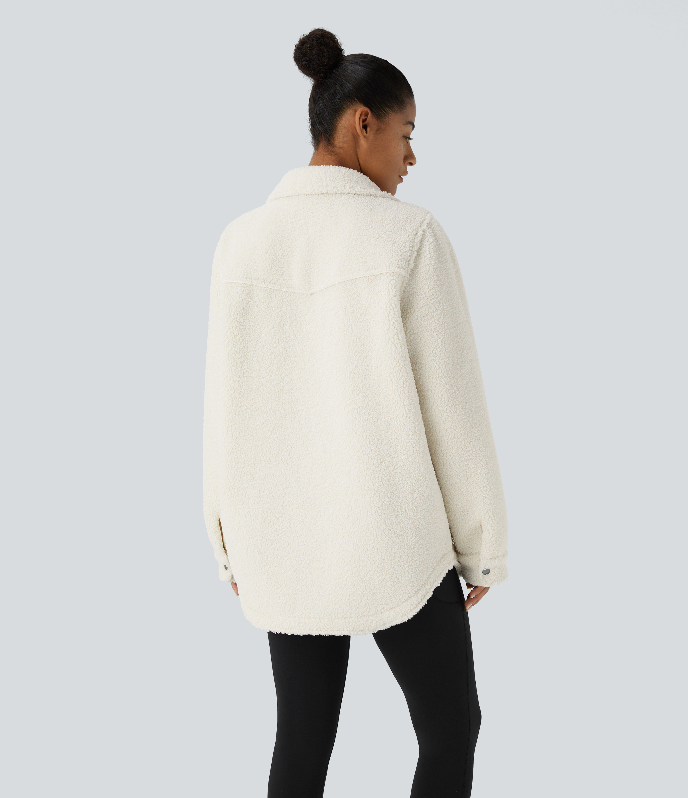 Snow White Oak Pocket Long Sleeve Curved Hem Casual Sherpa Jacket / 2