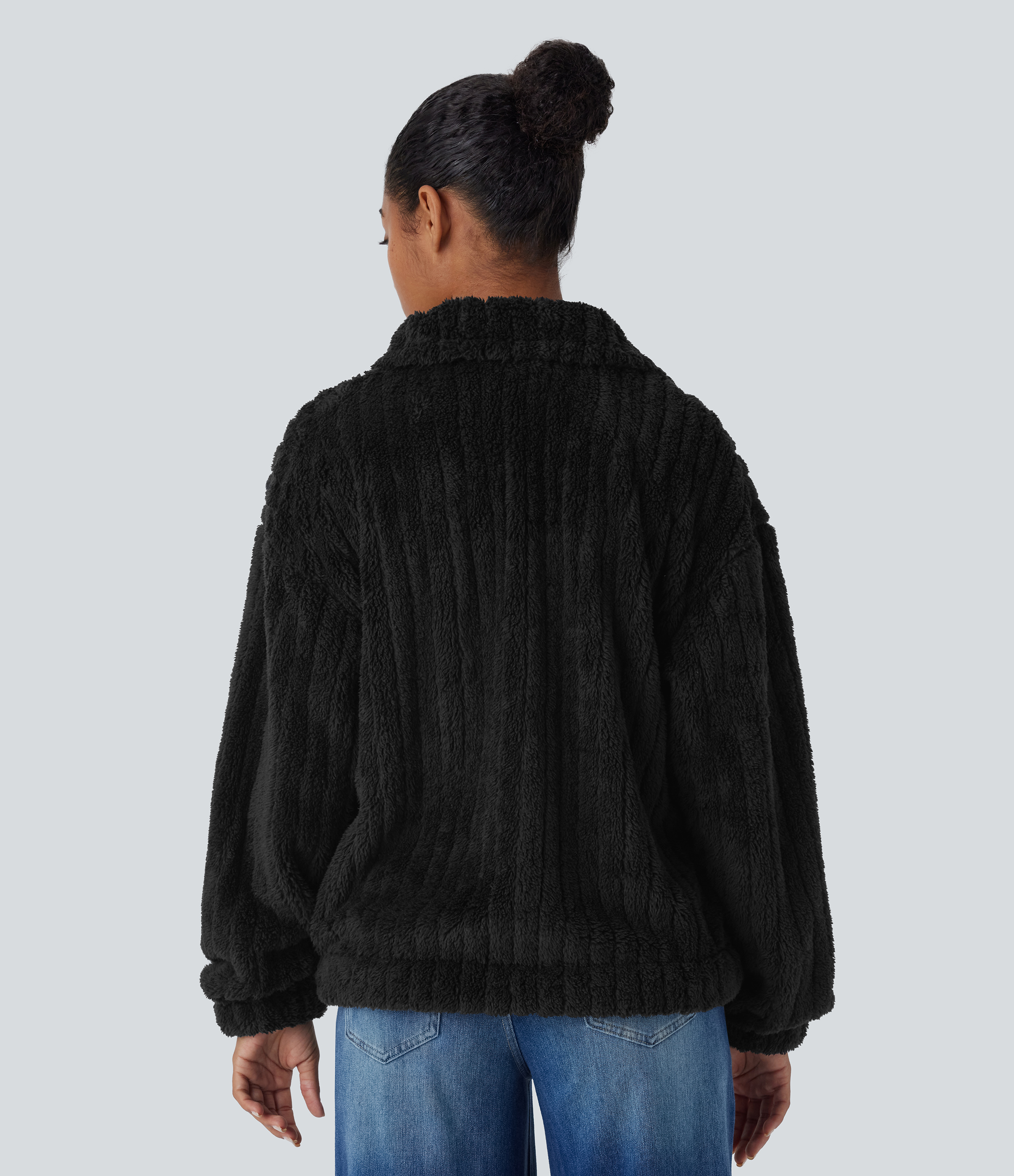 Black Collared Button Long Sleeve Casual Sherpa Jacket / 2