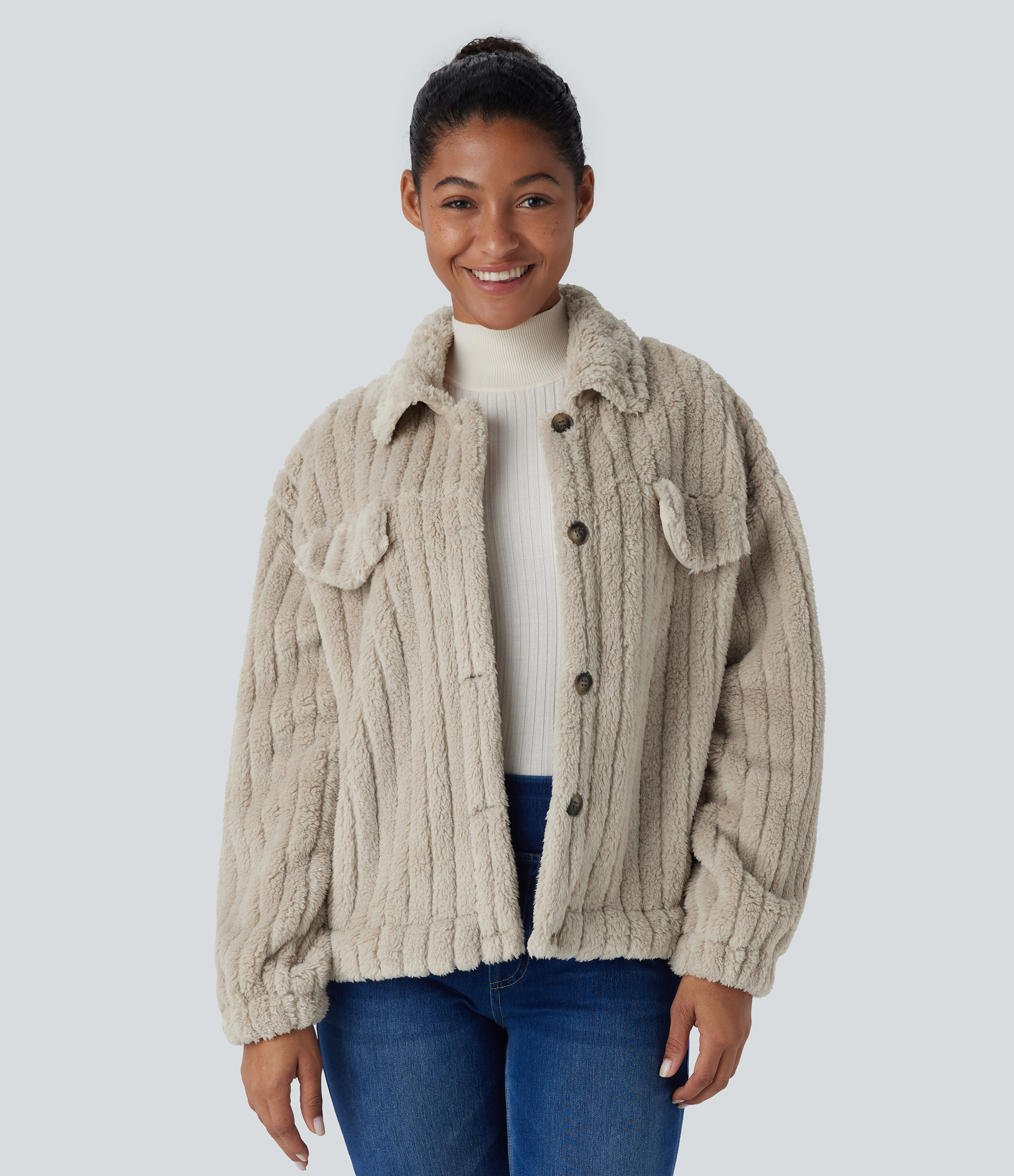 Veste décontractée en sherpa à col, boutons et manches longues