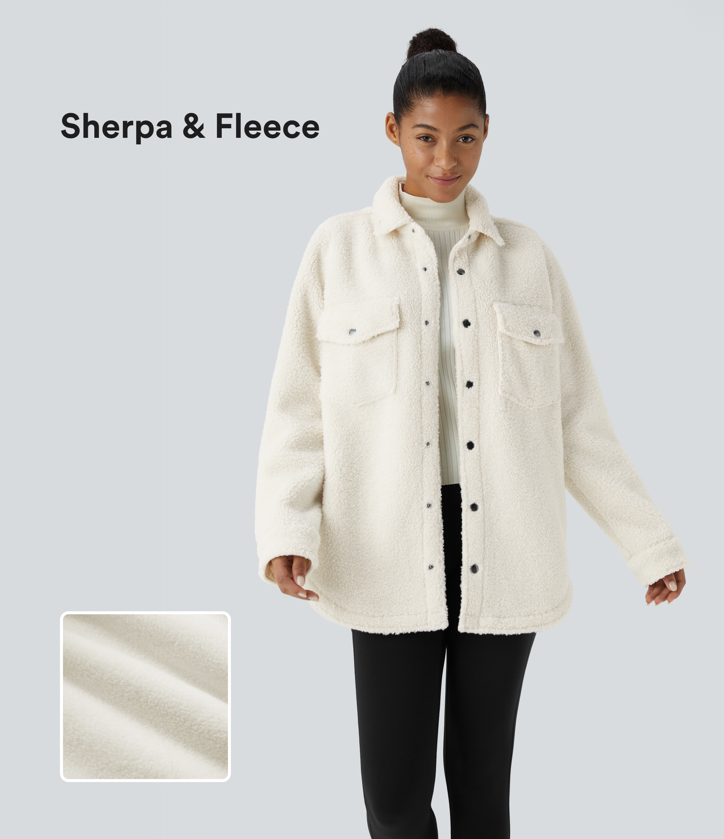 Lässige Sherpa-Jacke mit Kragen, Knopf, Brusttasche, langen Ärmeln und abgerundetem Saum
