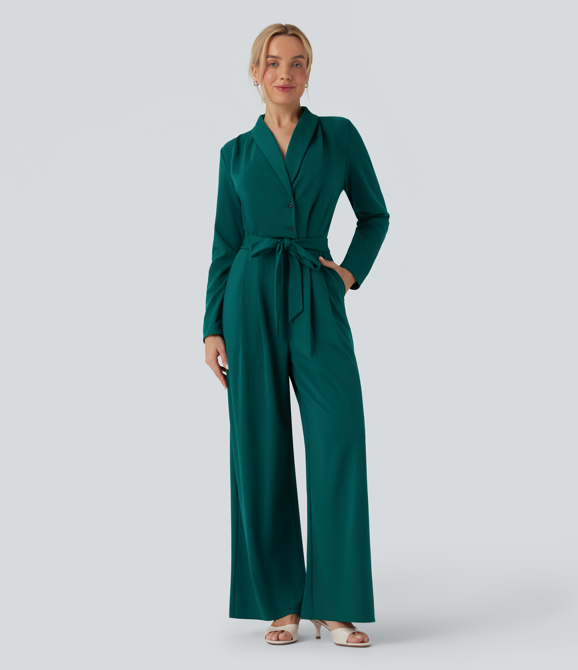 V-neck Long Sleeve Belted Jumpsuit with Pockets-Easy Peezy