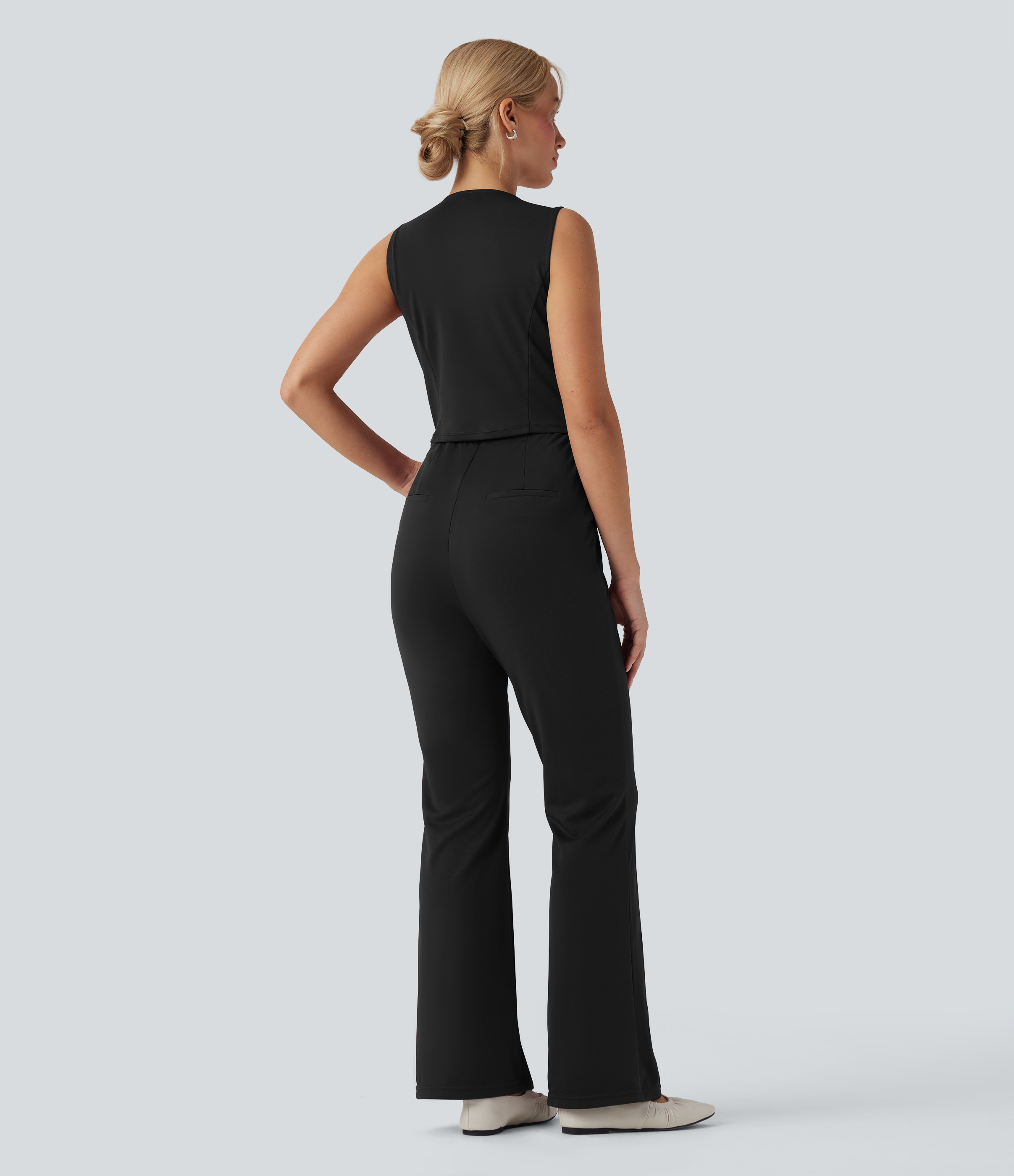 Schwarz V-Ausschnitt Ärmelloses Lässiges Bootcut Jumpsuit mit Taschen-Easy Peezy Edition / 2