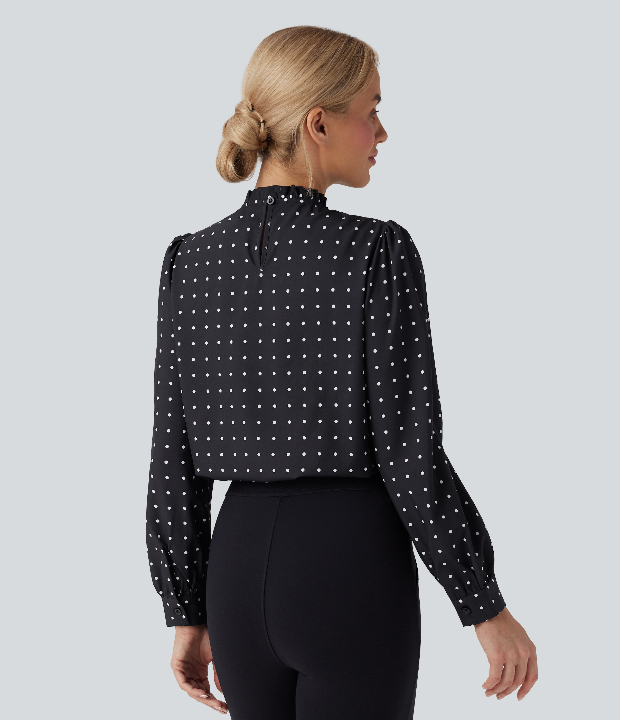 White Polka Frill Mock-neck Polka Dot Work Blouse / 2