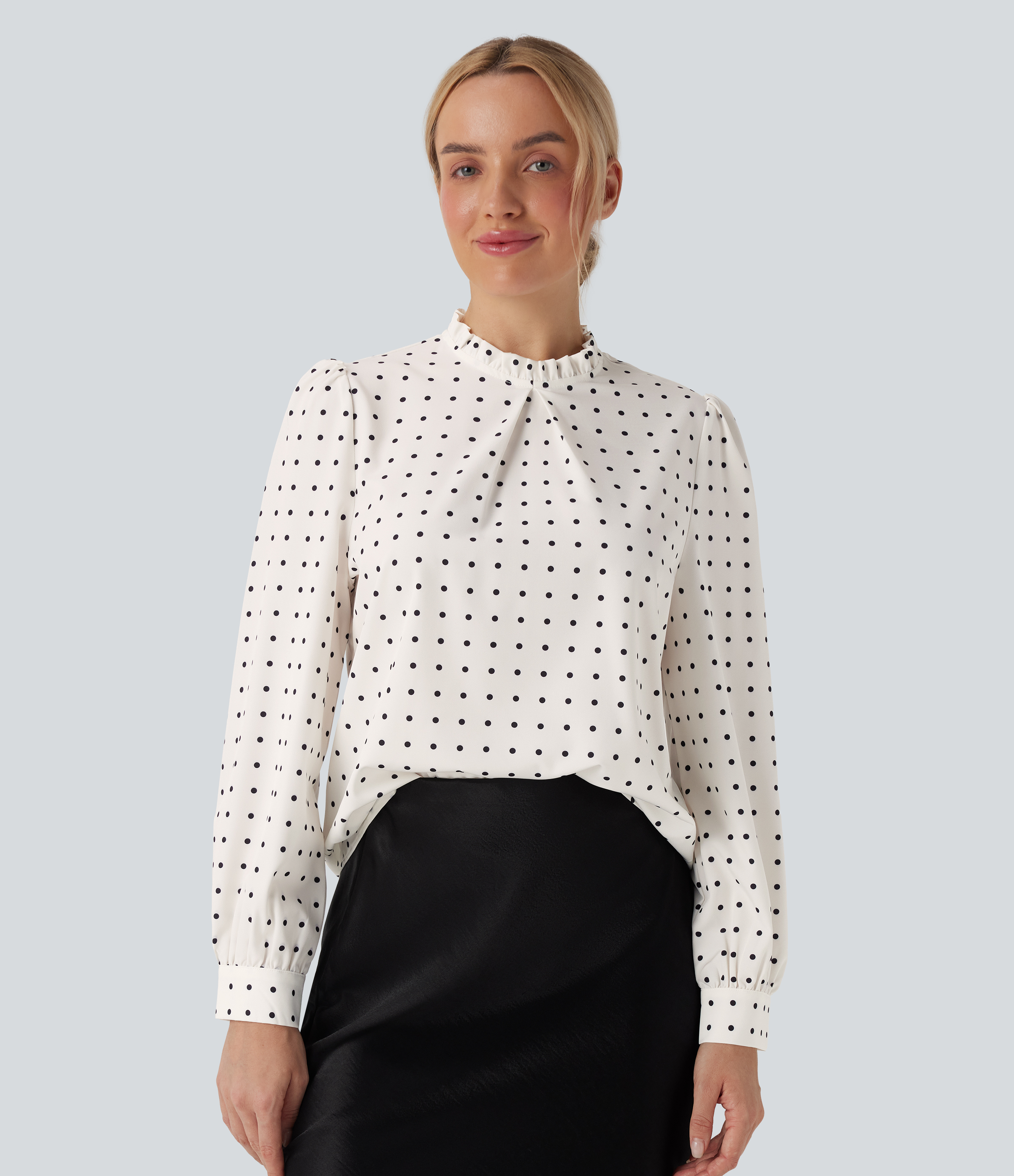Black Polka Blusa de oficina con cuello alto y volantes de lunares / 1