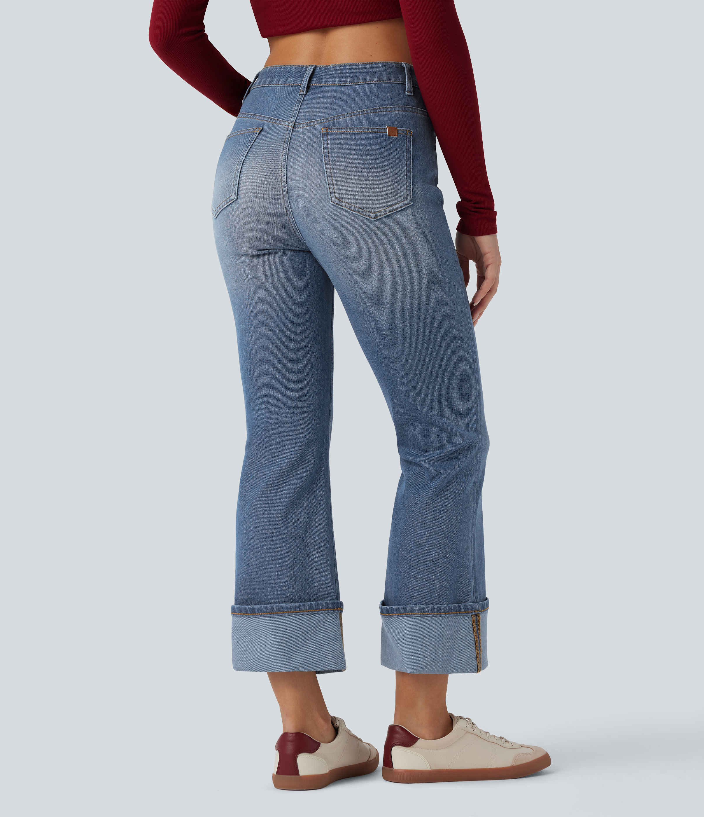 Tide Blue Denim Halara Flex™ 7/8 afslappaðar útvíddar gallabuxur með háum mitti, rullaðan kant og vösum / 2