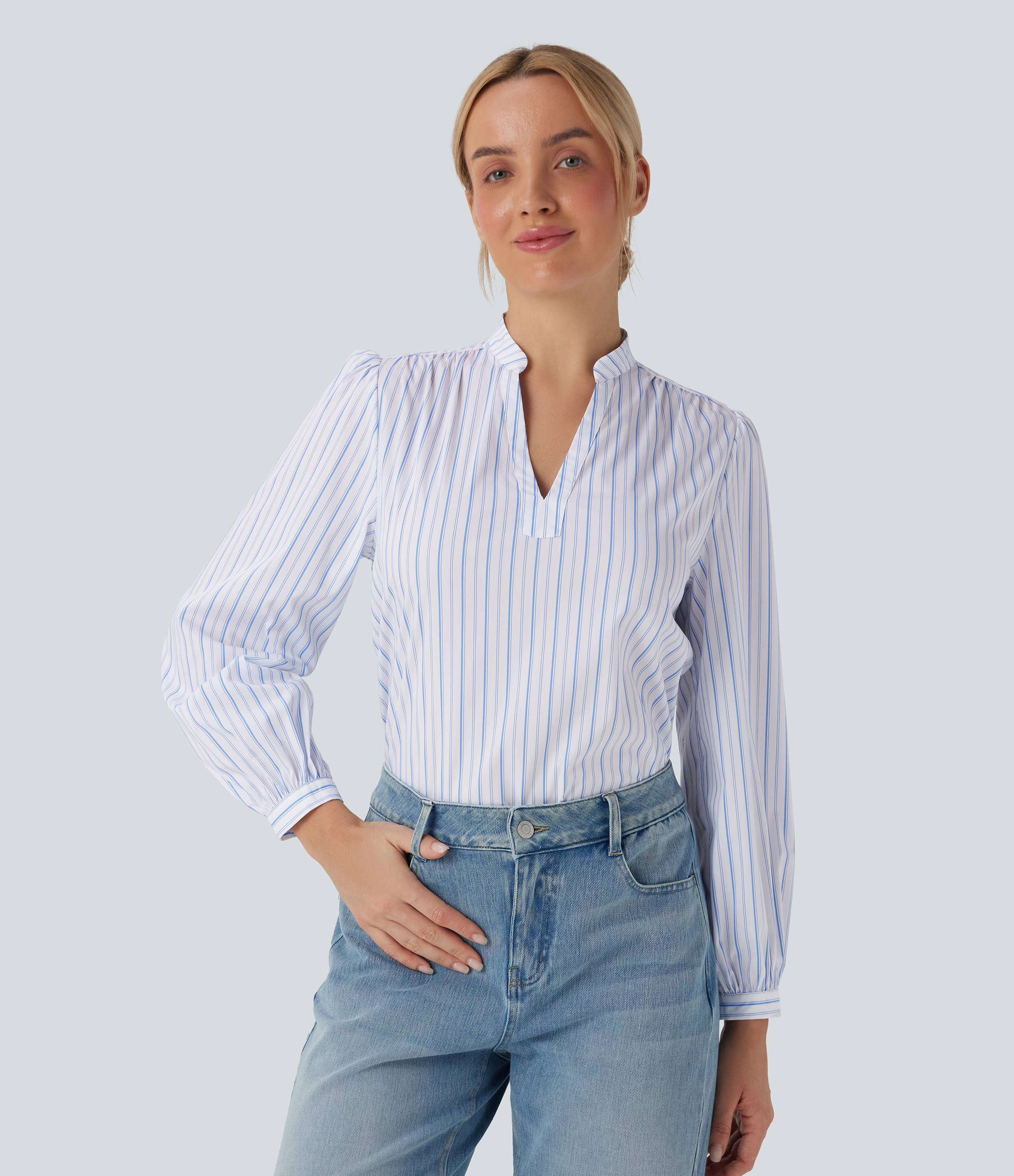Seven Seas - Nautical Blue & White Stripes Blouse décontractée col V asymétrique imprimé rayé / 1