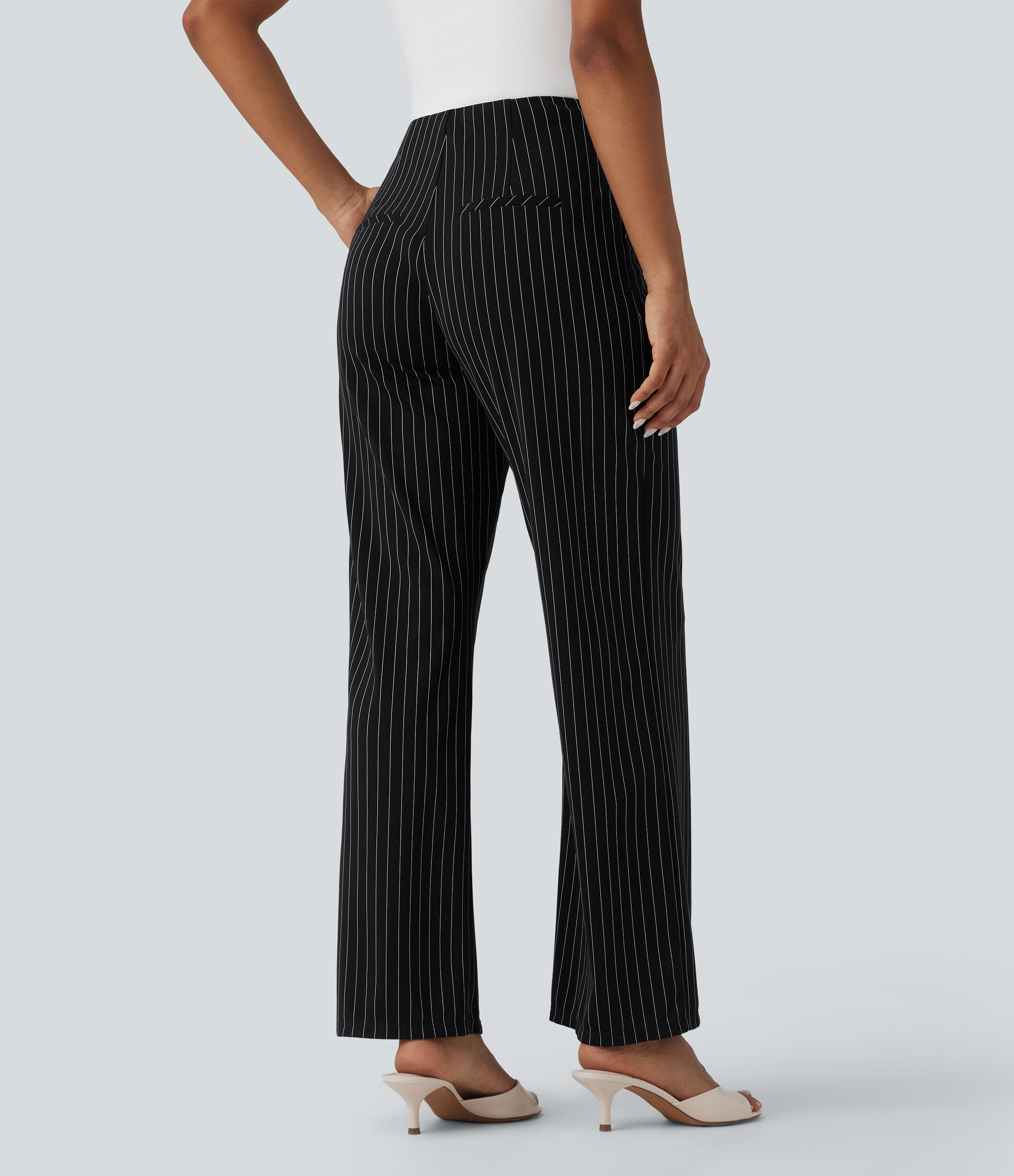 Black White Pinstripe Pantalones de oficina a rayas rectos de tiro alto y bolsillos / 2