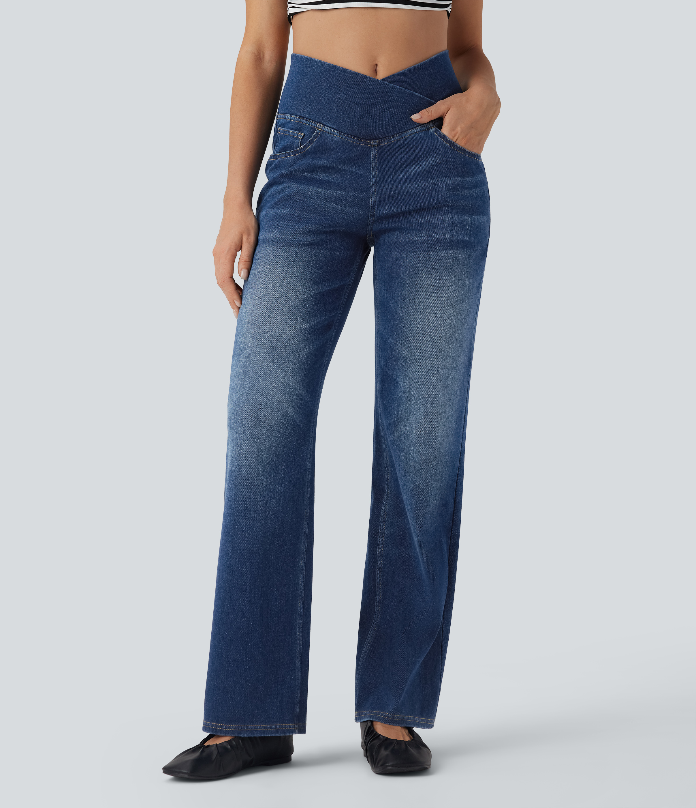Halara Flex™ Crossover High Waisted Tummy Control Casual Straight Leg Jeans with Pockets — Estate Blue Denim by Halara