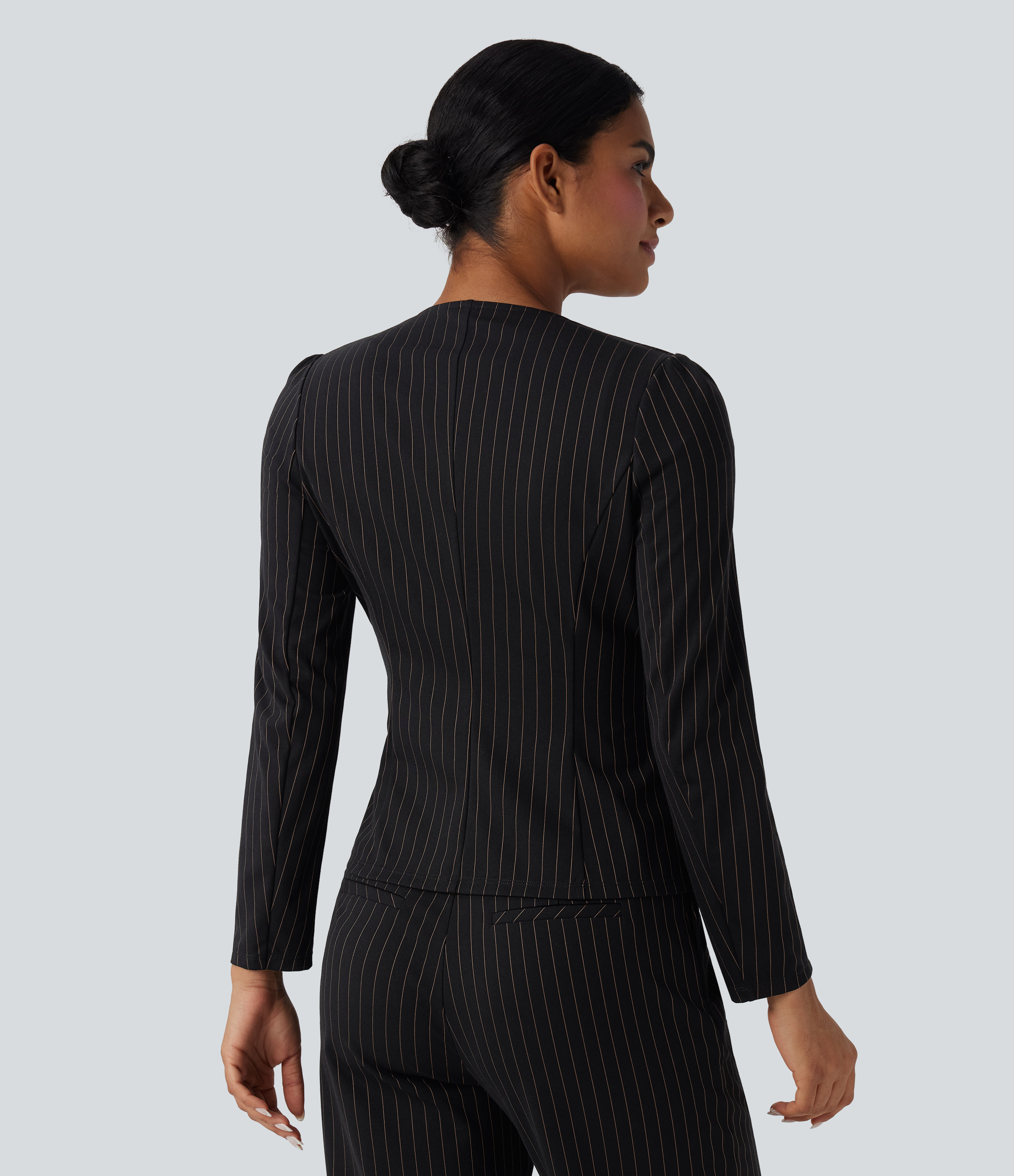 Black Brown Black Pinstripe Blazer de oficina con cuello redondo de manga larga y parte delantera abierta / 2