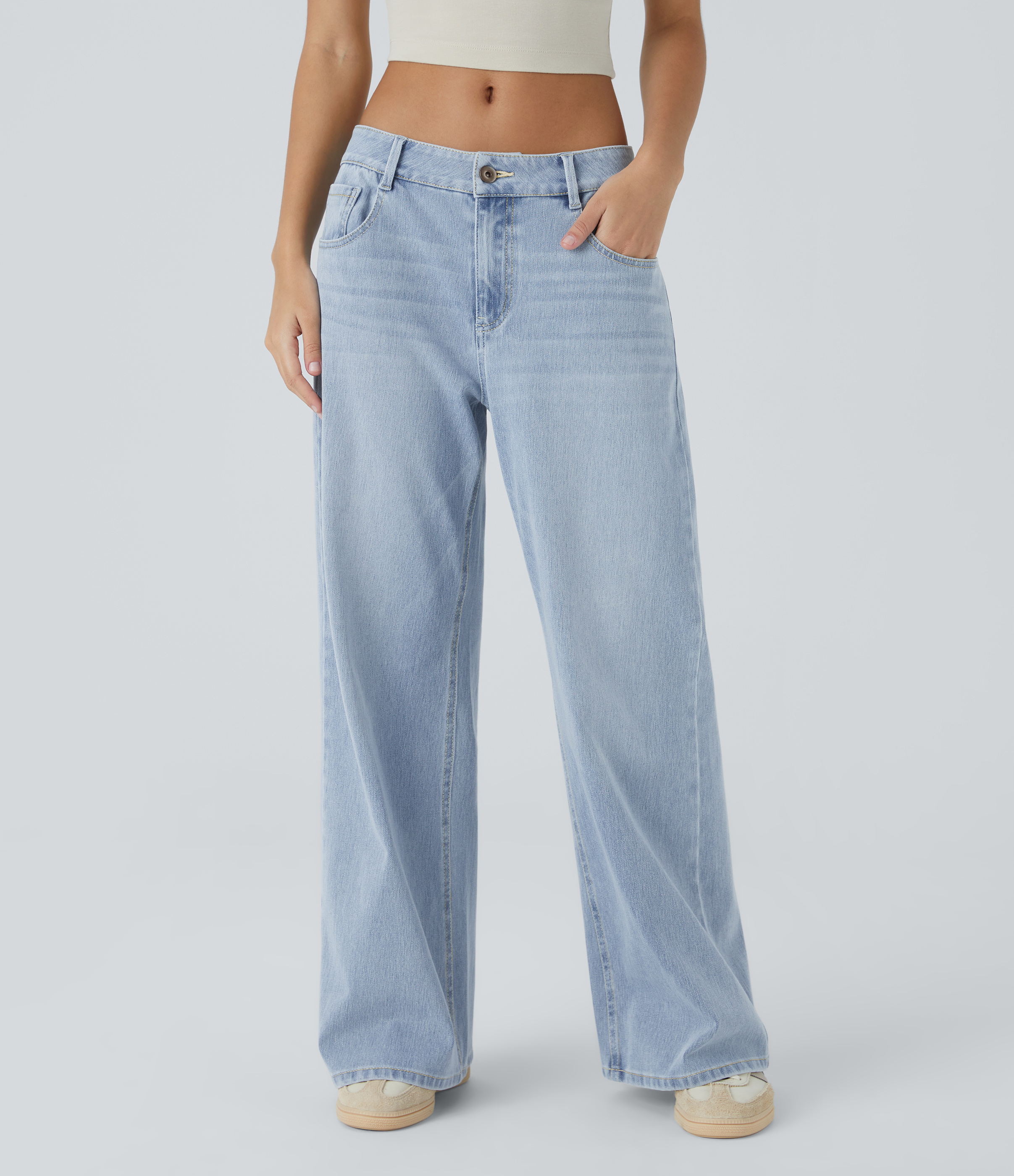 Halara Flex™ Low Rise Zipper Pockets Washed Baggy Wide Leg Casual Jeans