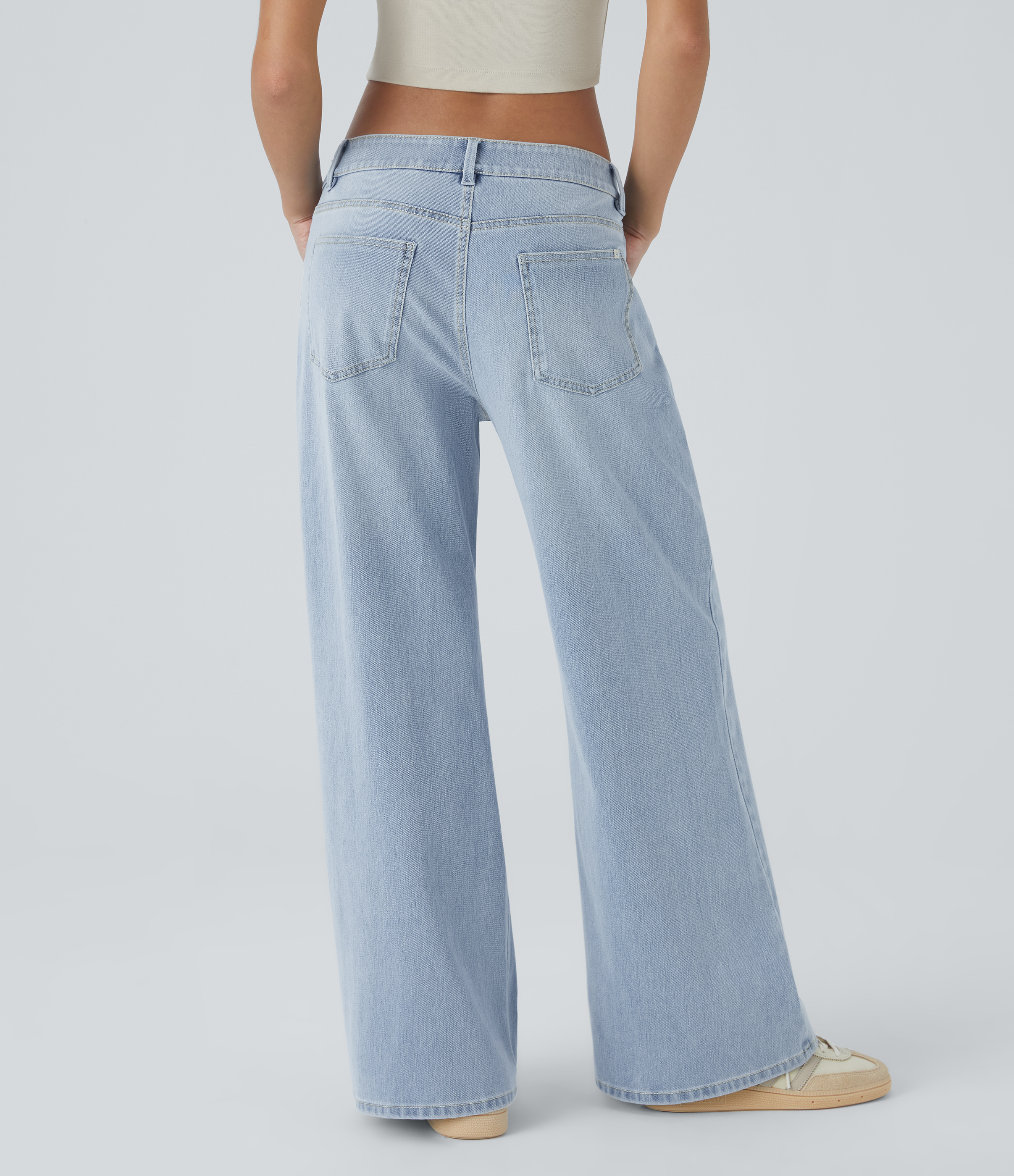 Light Azure Denim Halara Flex™ Low-Rise-Jeans mit Reißverschlusstaschen, gewaschen, baggy mit weitem Bein, lässig / 2