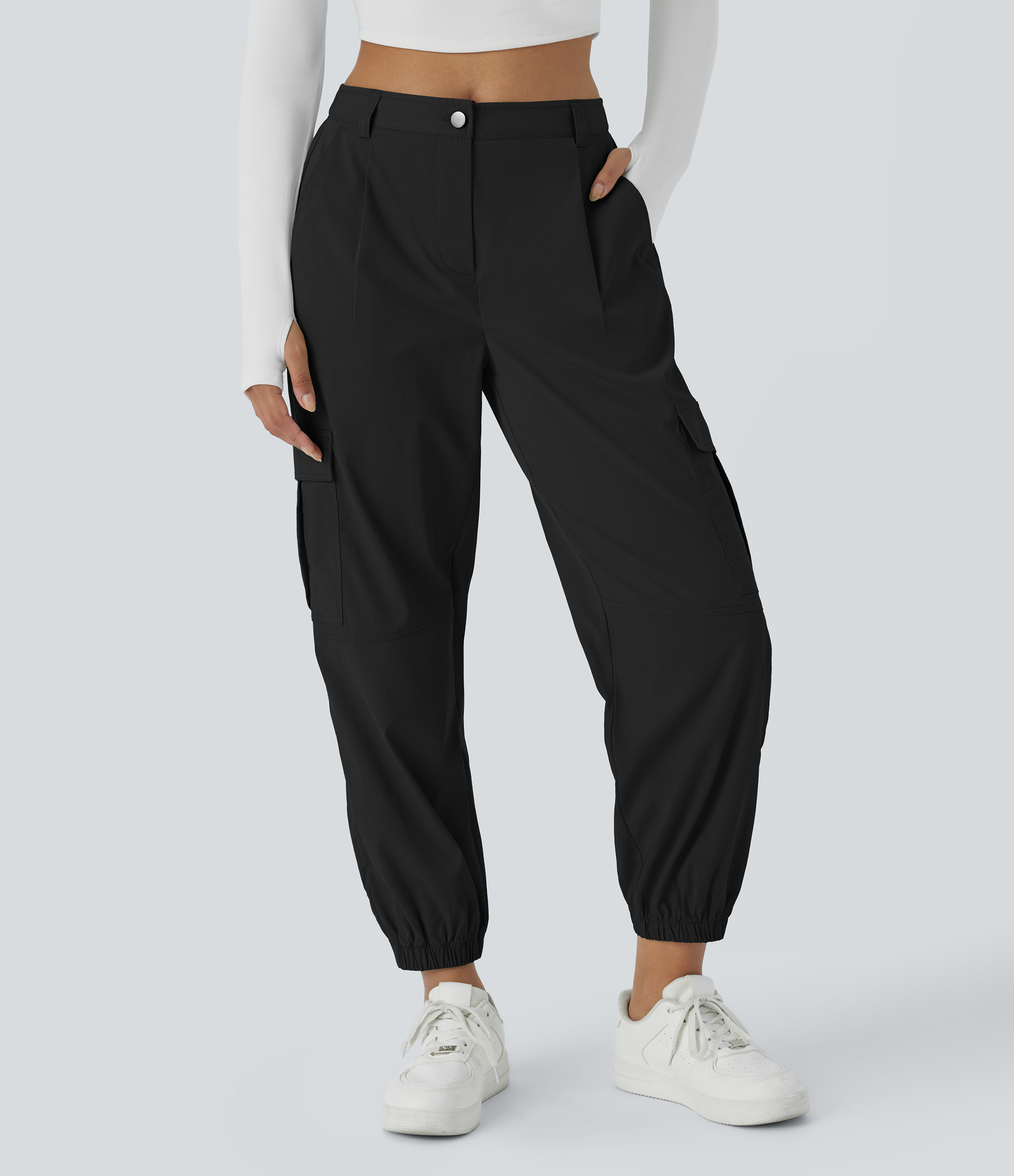 미드웨이스트  버튼 지퍼 주름 멀티플 포켓 캐주얼 카고 조거팬츠