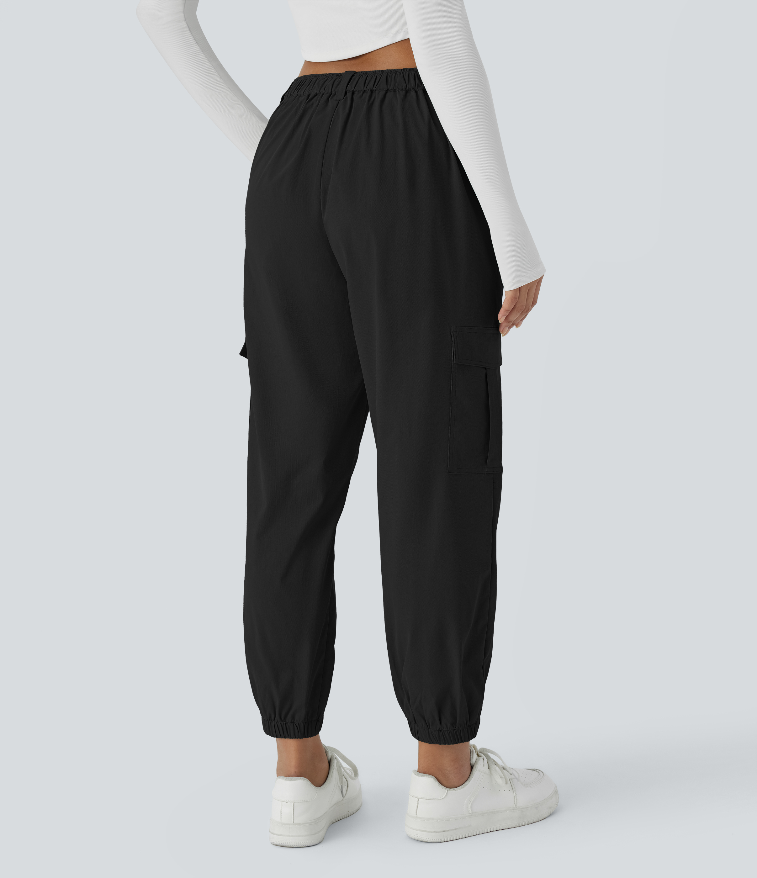 Black Casual cargo jogging pants with mid-rise waist, button closure, and multiple pockets / 2
