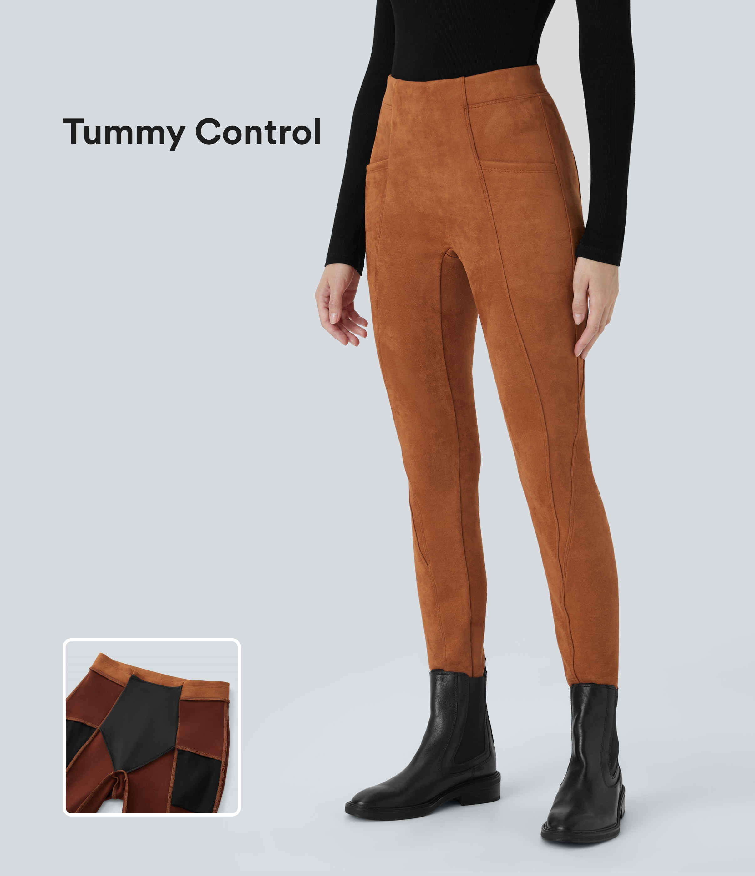 Lässige Leggings aus Wildleder mit hohem Bund, Bauchkontrolle und Seitentaschen