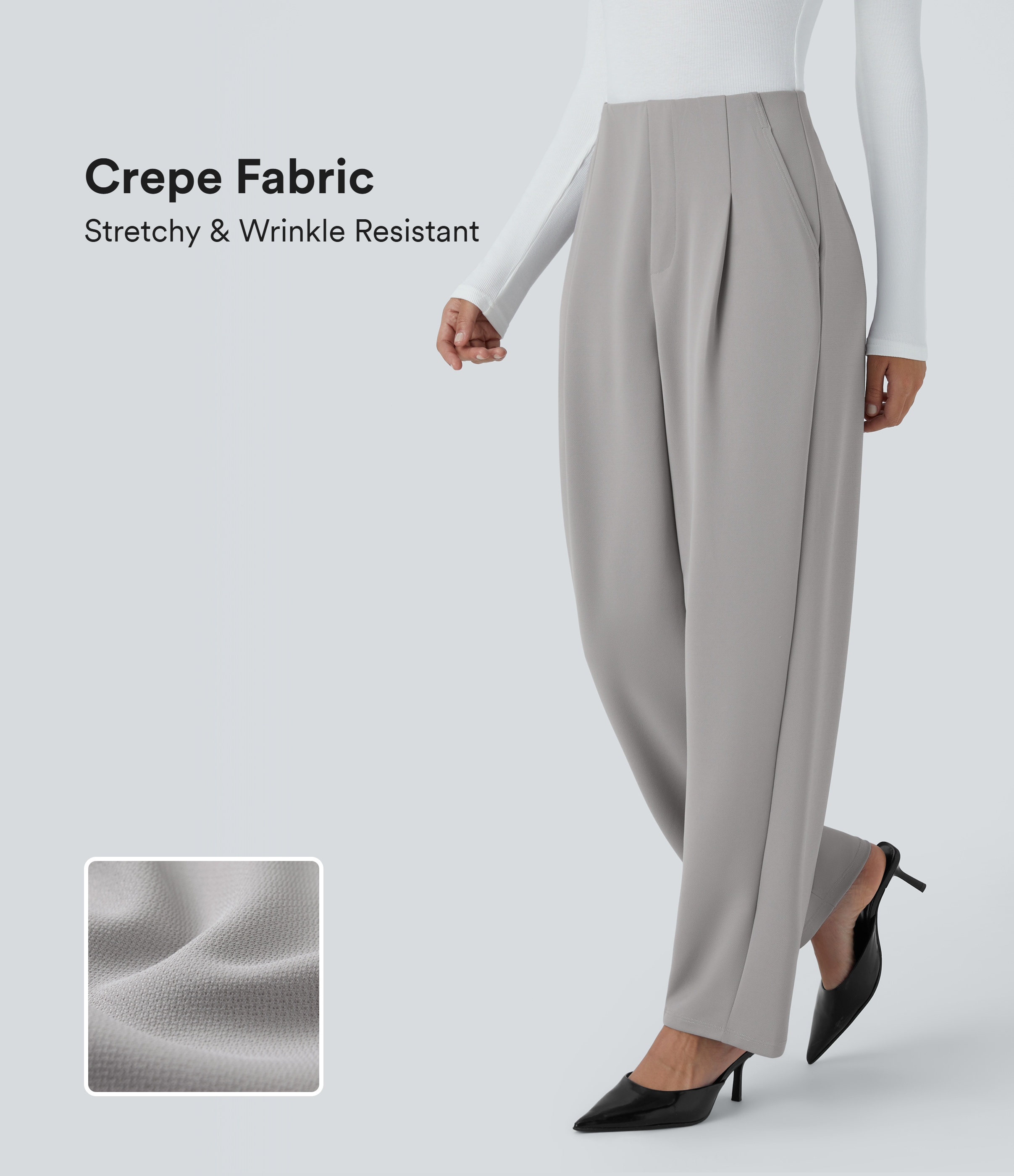 Pantalon décontracté barrel droit en crêpe, taille haute, avec poches