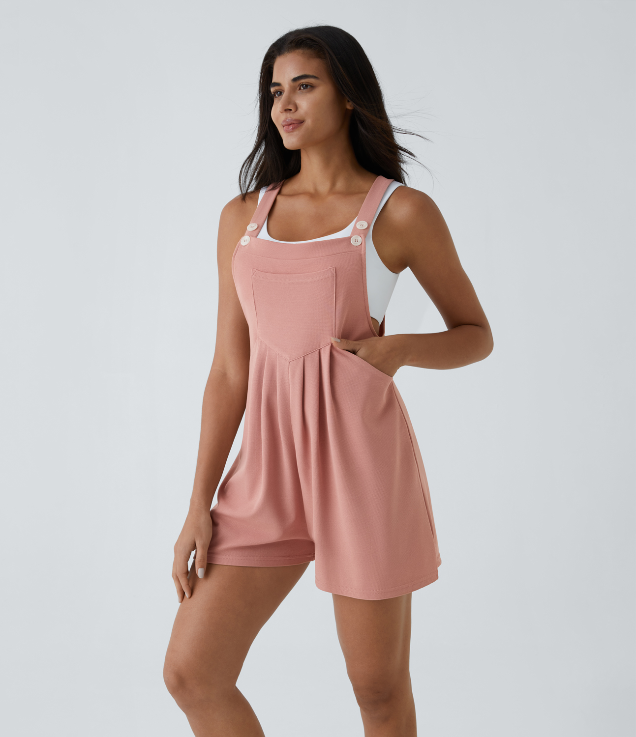 Salopette décontractée gaufrée à plis, boutons, bretelles réglables et multiples poches