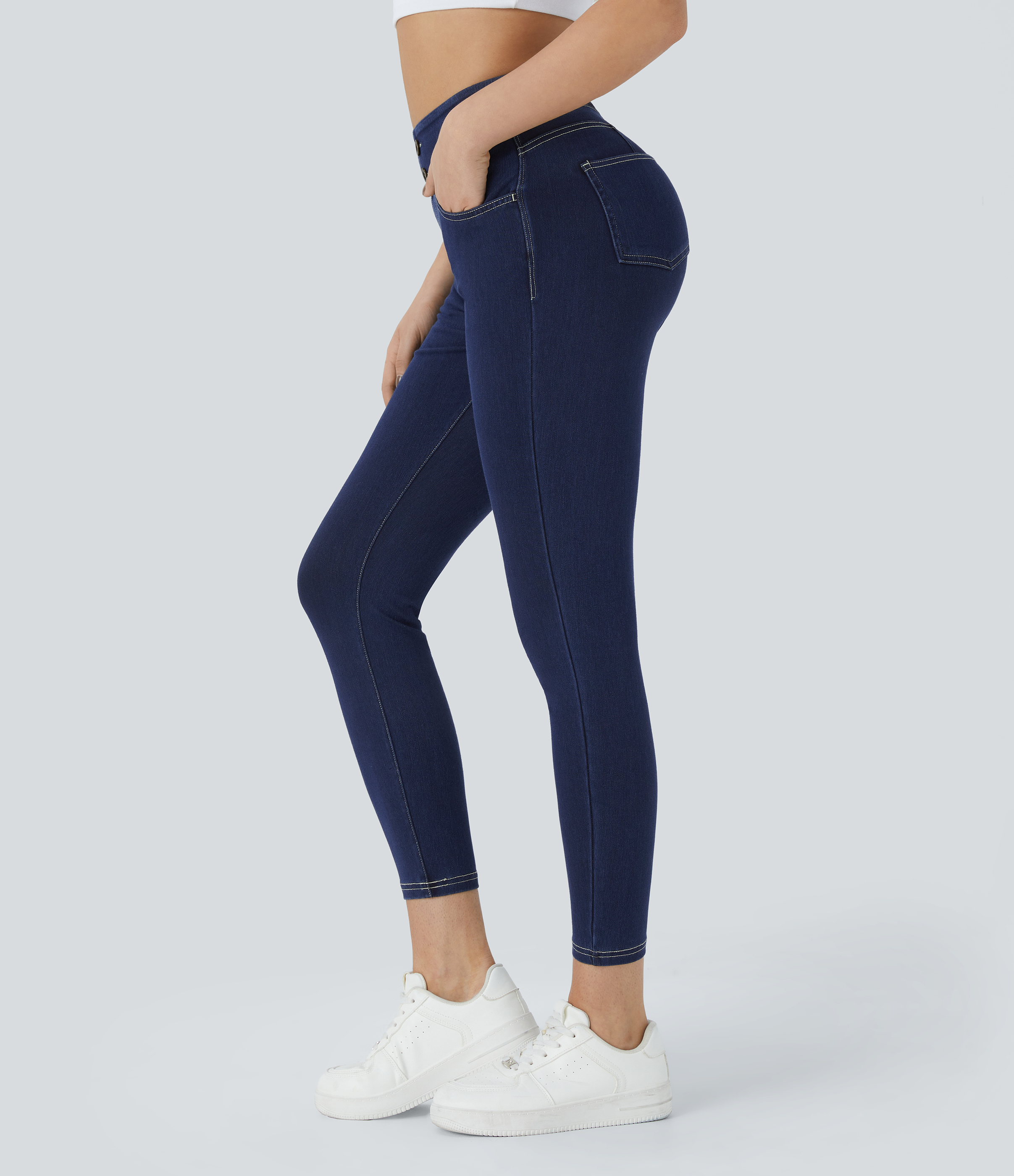 Leggings Halara Flex™ Denim mezclilla punto elástico botones decorativos tiro alto curva múltiples bolsillos 7/8