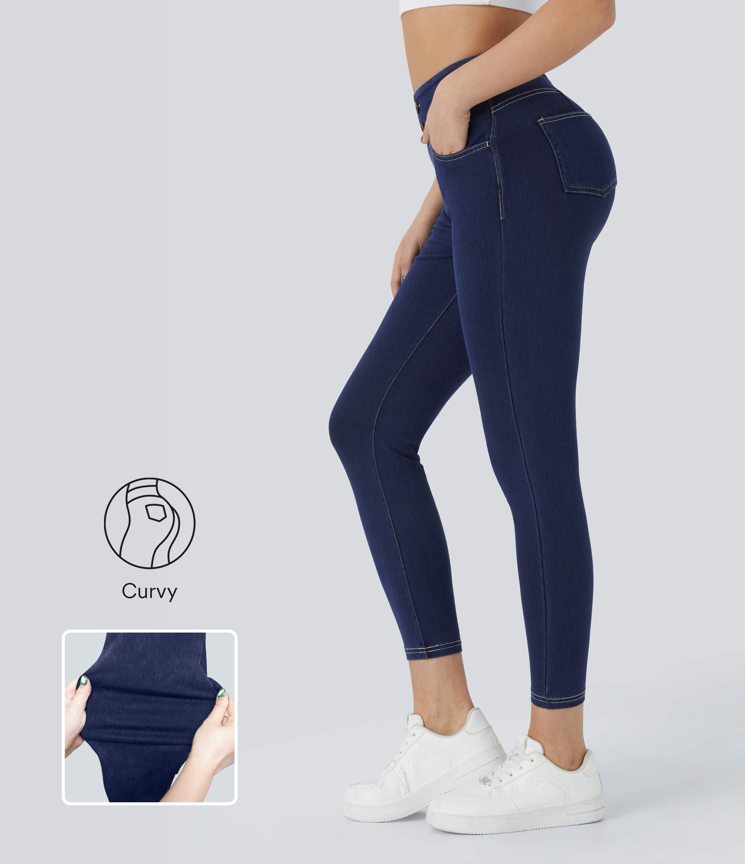 Washed Denim Navy Blue Leggings Halara Flex™ Denim mezclilla punto elástico botones decorativos tiro alto curva múltiples bolsillos 7/8 / 1