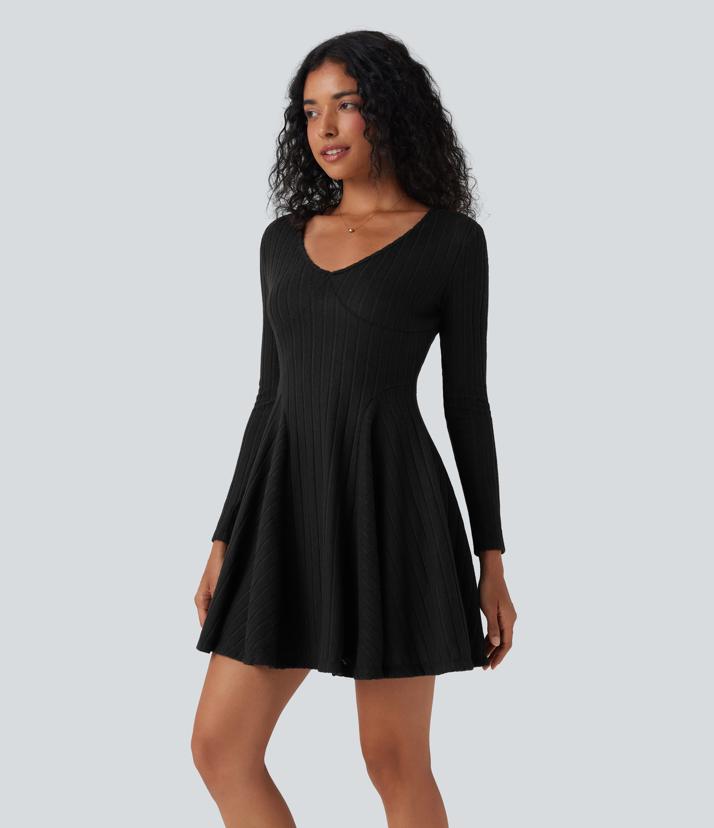 Ribbed Knit V Neck Long Sleeve Flare Mini Casual Dress with Pockets