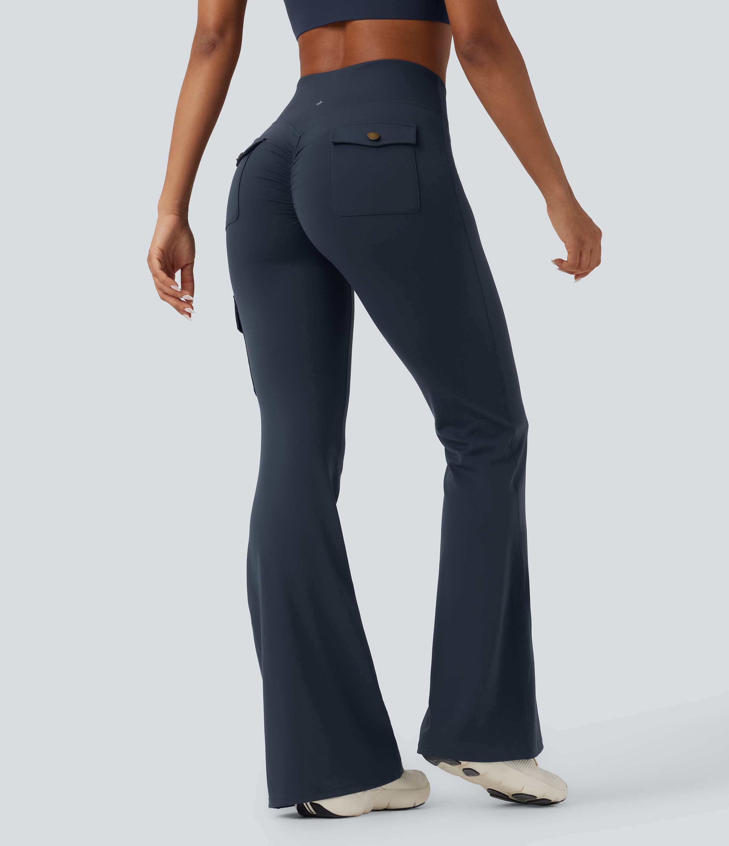 DayStretch High Waisted Tummy Control Ruched Workout Flare Pants with Pockets