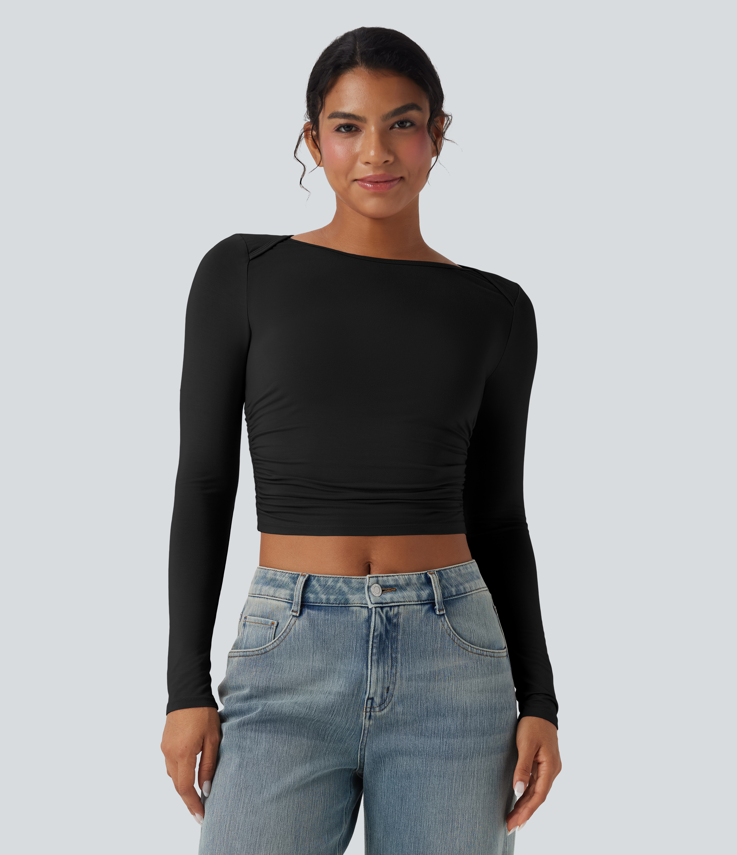 Negro Top casual corto fruncido de manga larga con cuello barco / 1