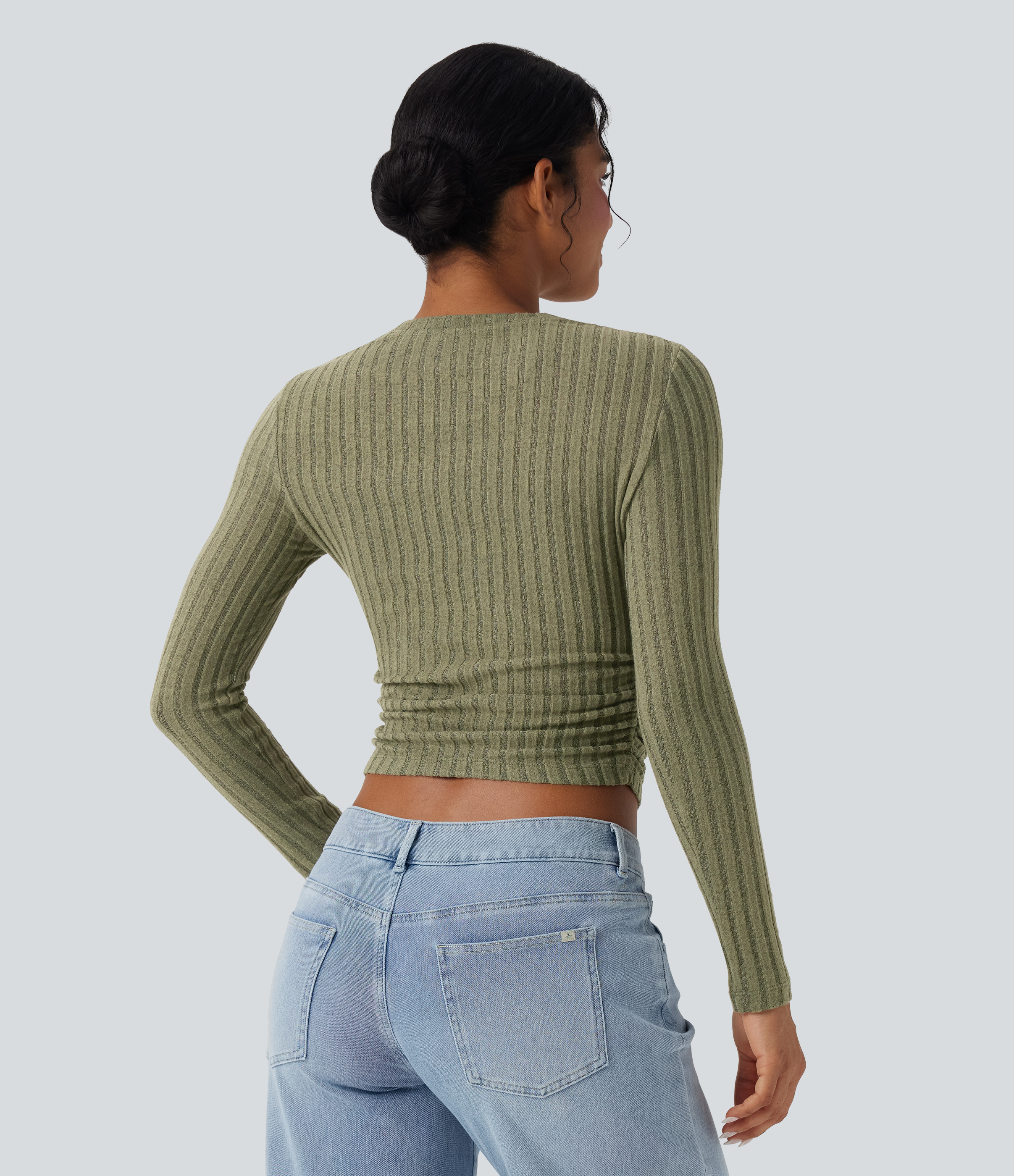 Moss Green Floral Velvet Top casual corto de manga larga con punto acanalado / 2