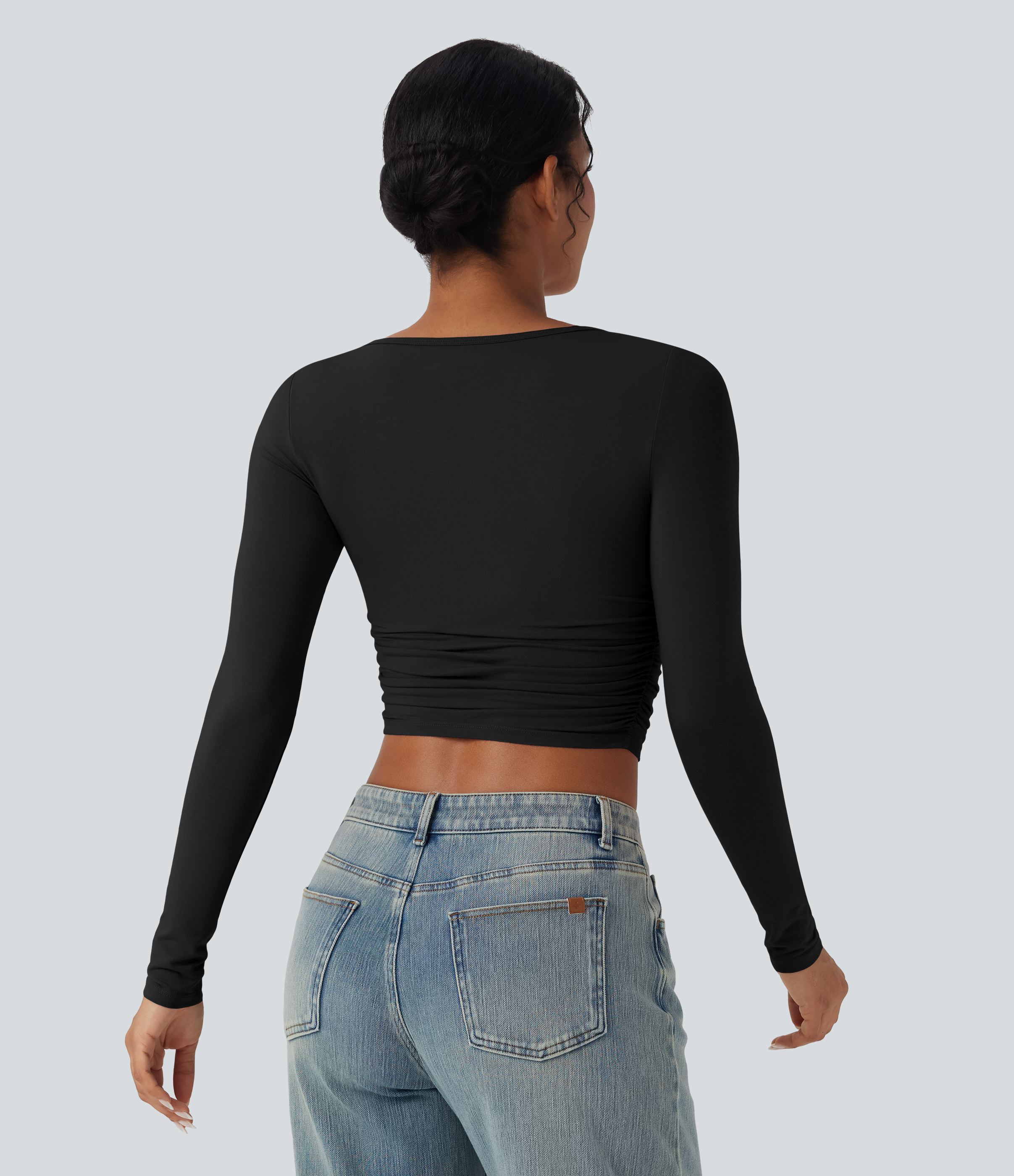 Negro Top casual corto fruncido de manga larga con cuello barco / 2