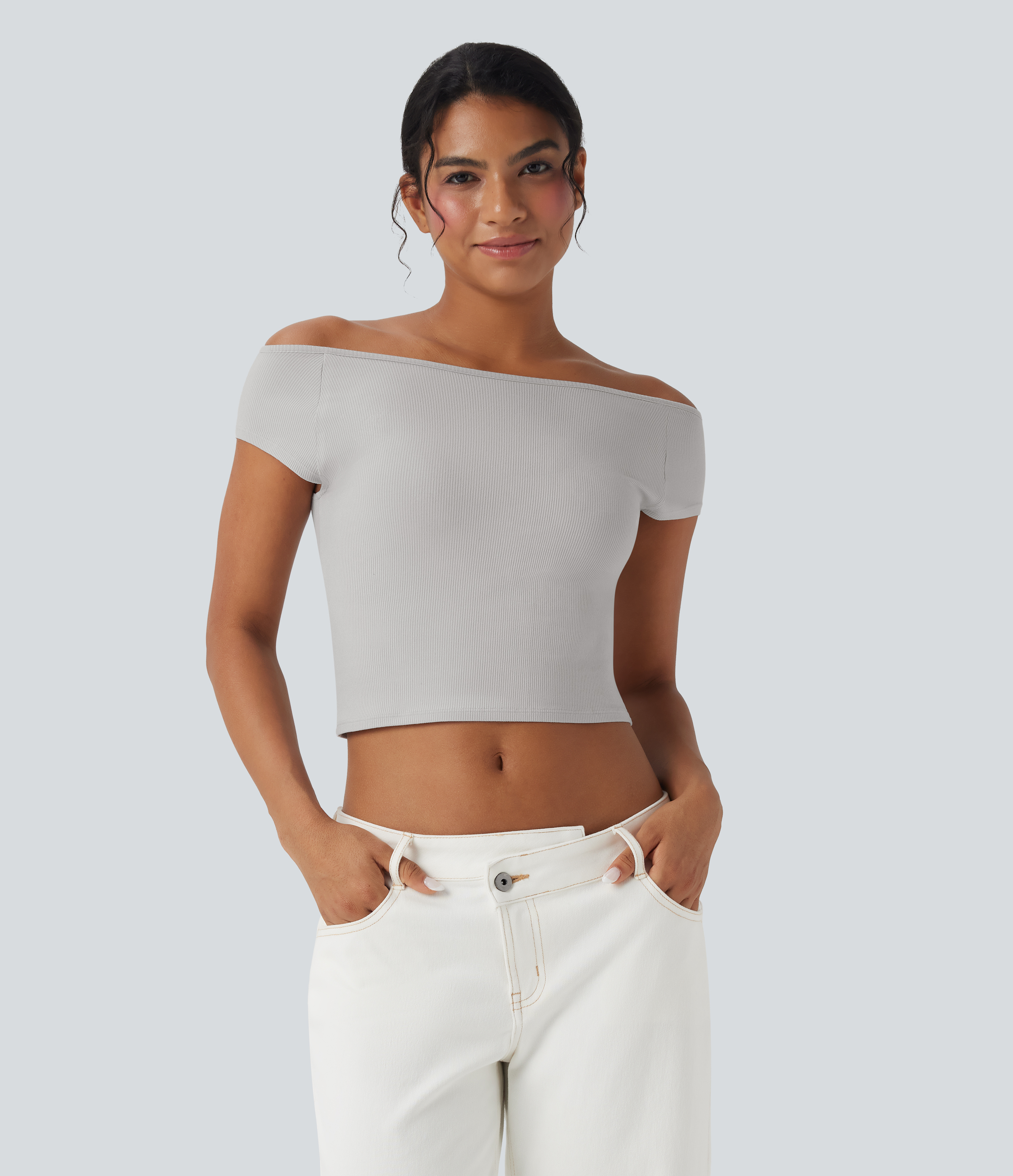 Glacier Gray Haut casual crop tricot côtelé col bateau manches courtes / 2