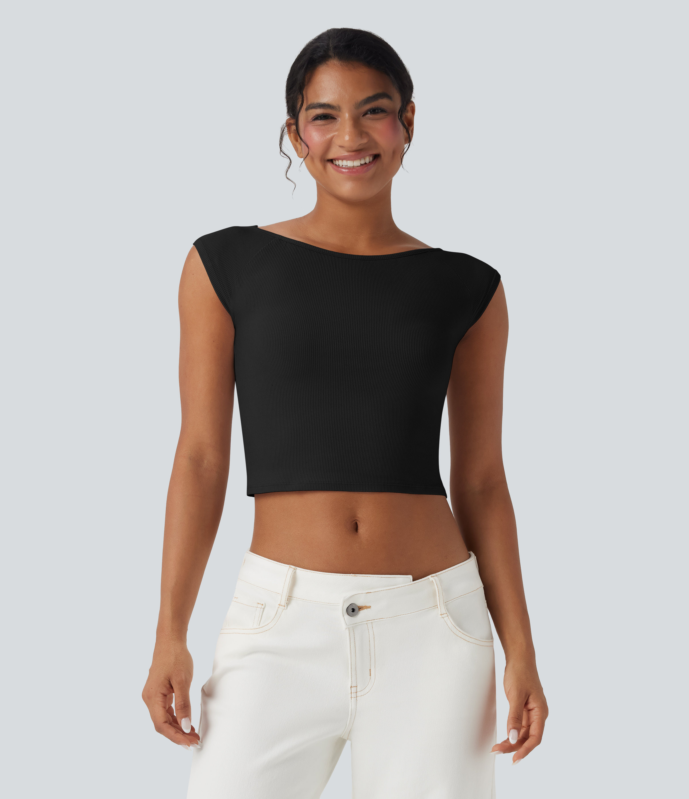 Black Ribbed Knit Boat Neck Short Sleeve Cropped Capri Casual Top / 1