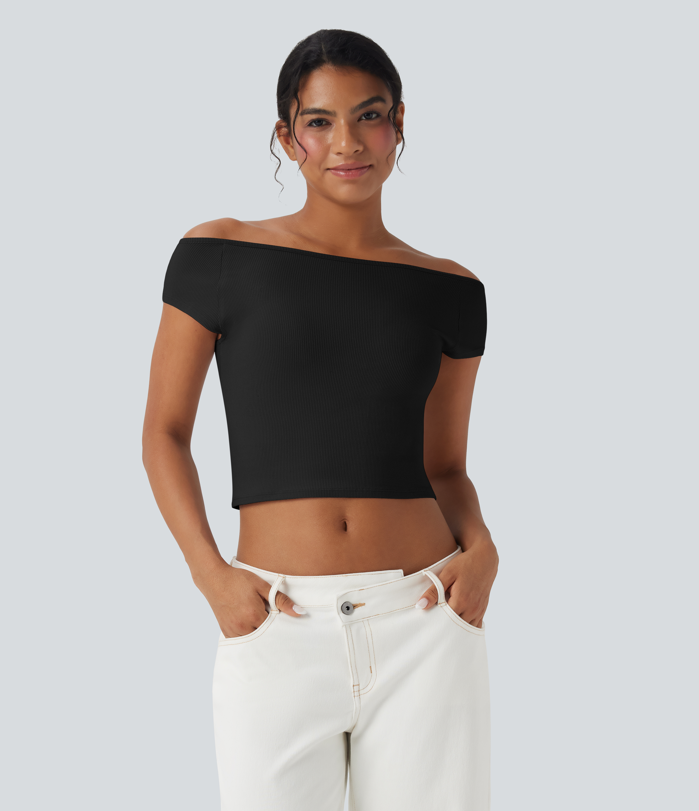 Black Ribbed Knit Boat Neck Short Sleeve Cropped Capri Casual Top / 2