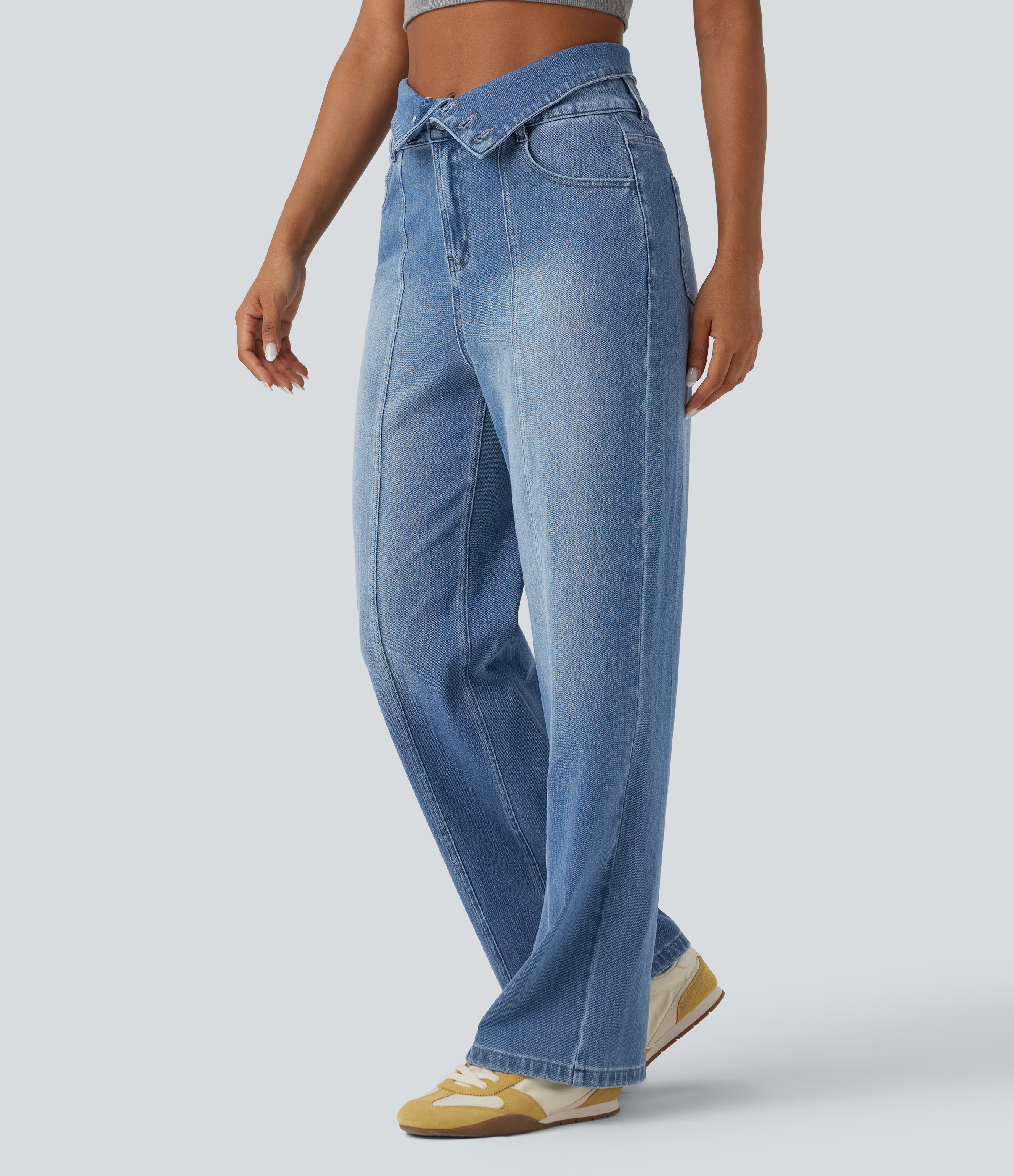 Tide Blue Denim Halara Flex™ Foldover High Waisted Straight Leg Casual Jeans with Pockets / 2